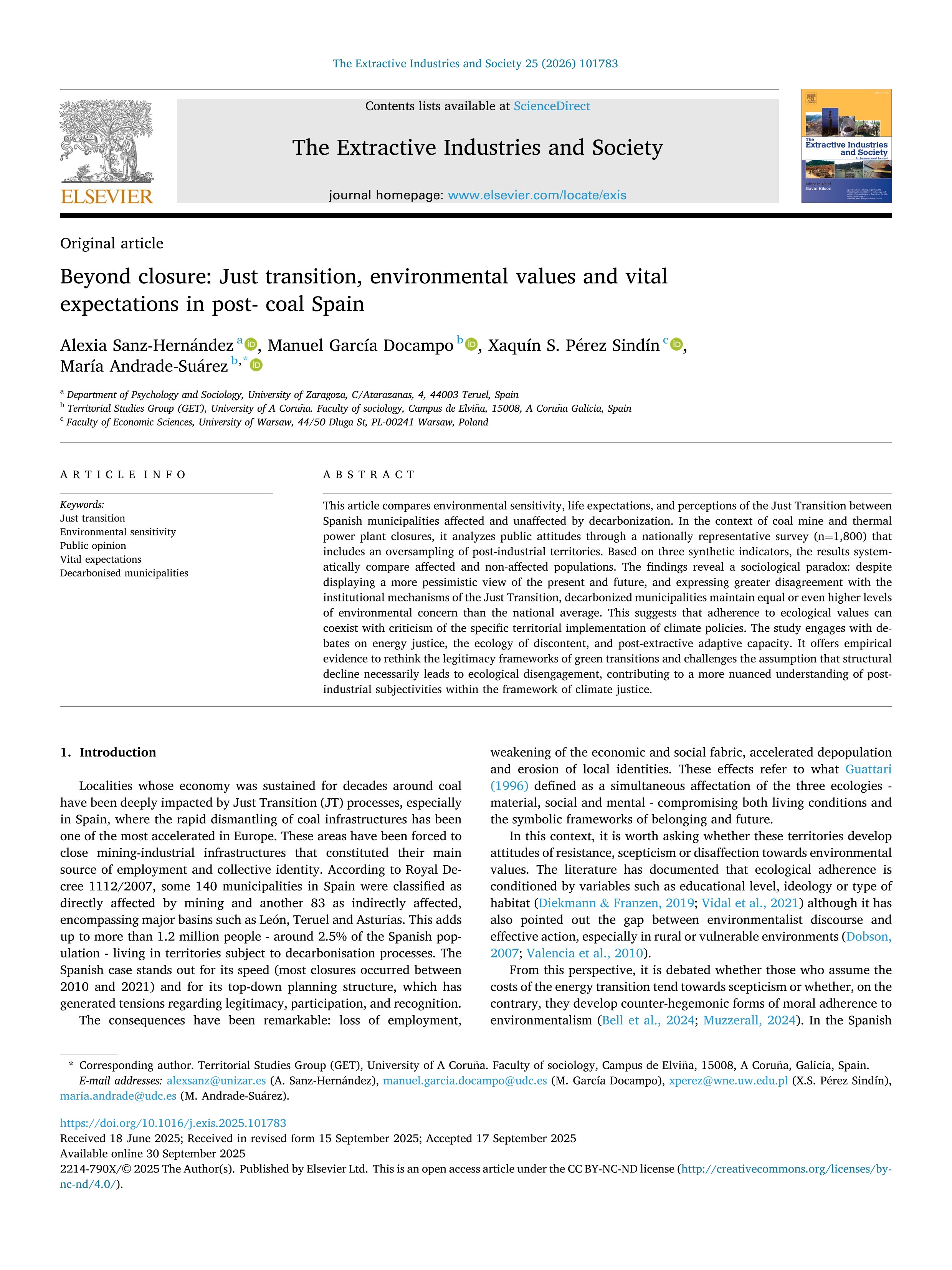 Beyond closure: Just transition, environmental values and vital expectations in post- coal Spain