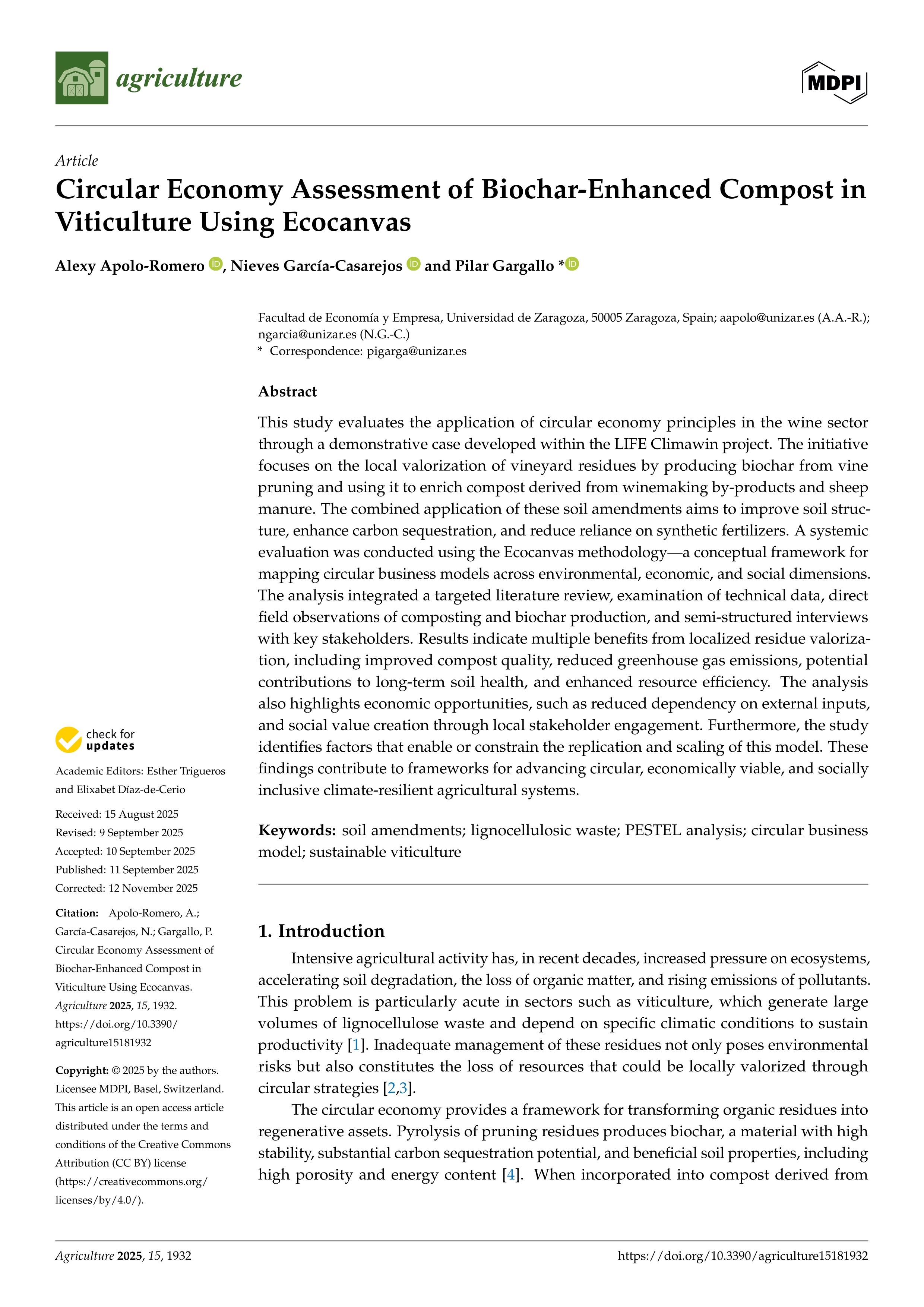 Circular Economy Assessment of Biochar-Enhanced Compost in Viticulture Using Ecocanvas