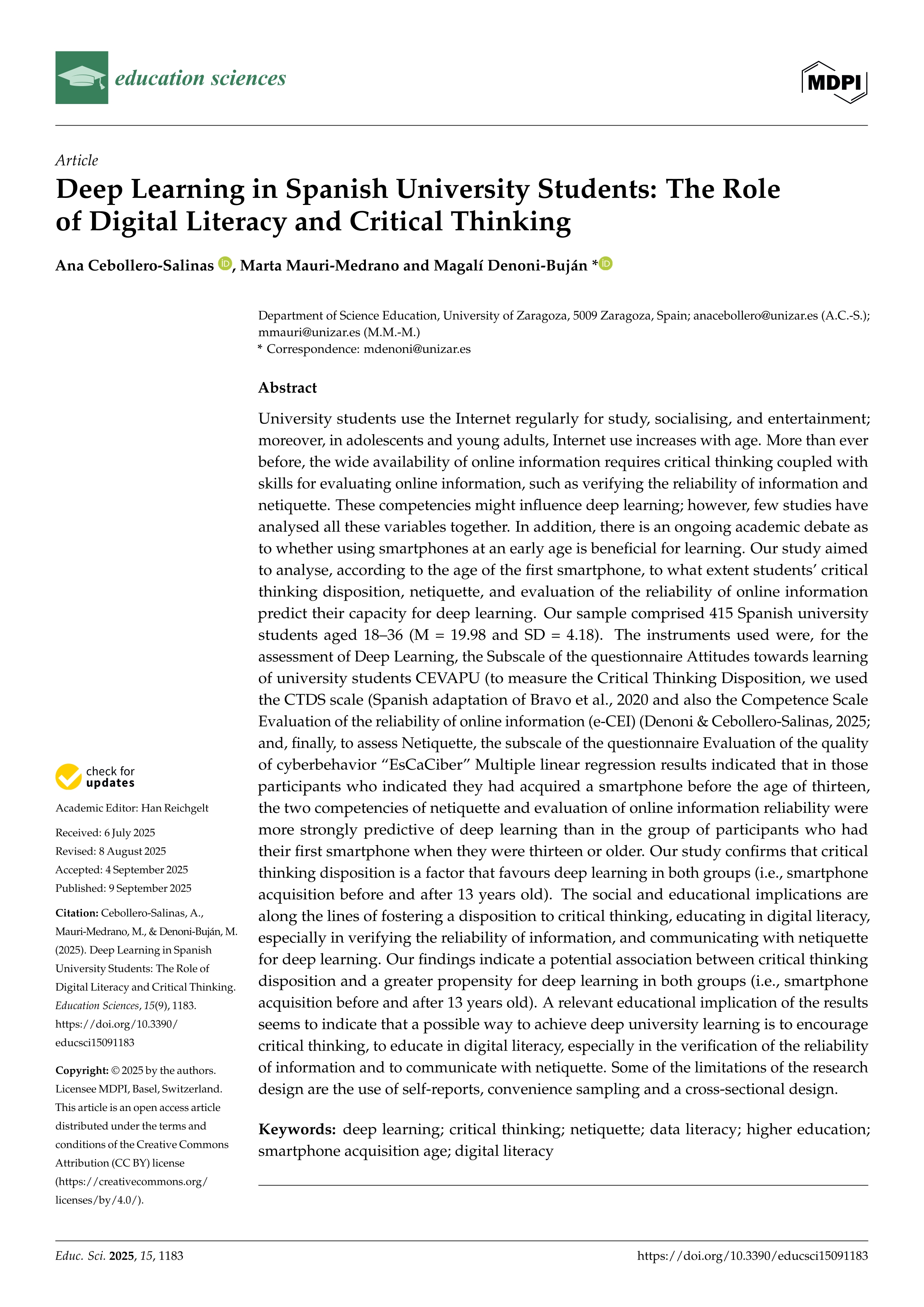 Deep Learning in Spanish University Students: The Role of Digital Literacy and Critical Thinking