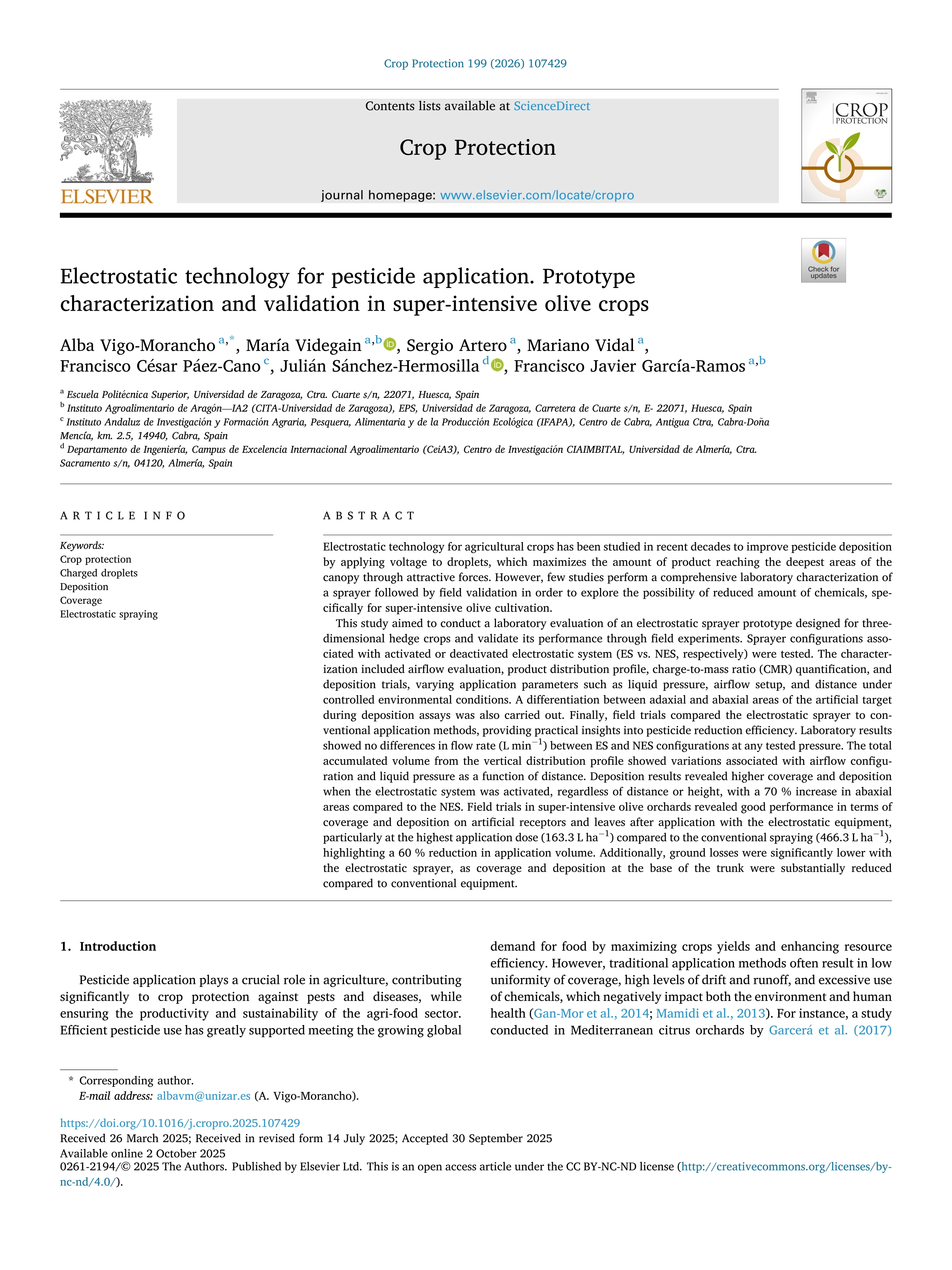 Electrostatic technology for pesticide application. Prototype characterization and validation in super-intensive olive crops