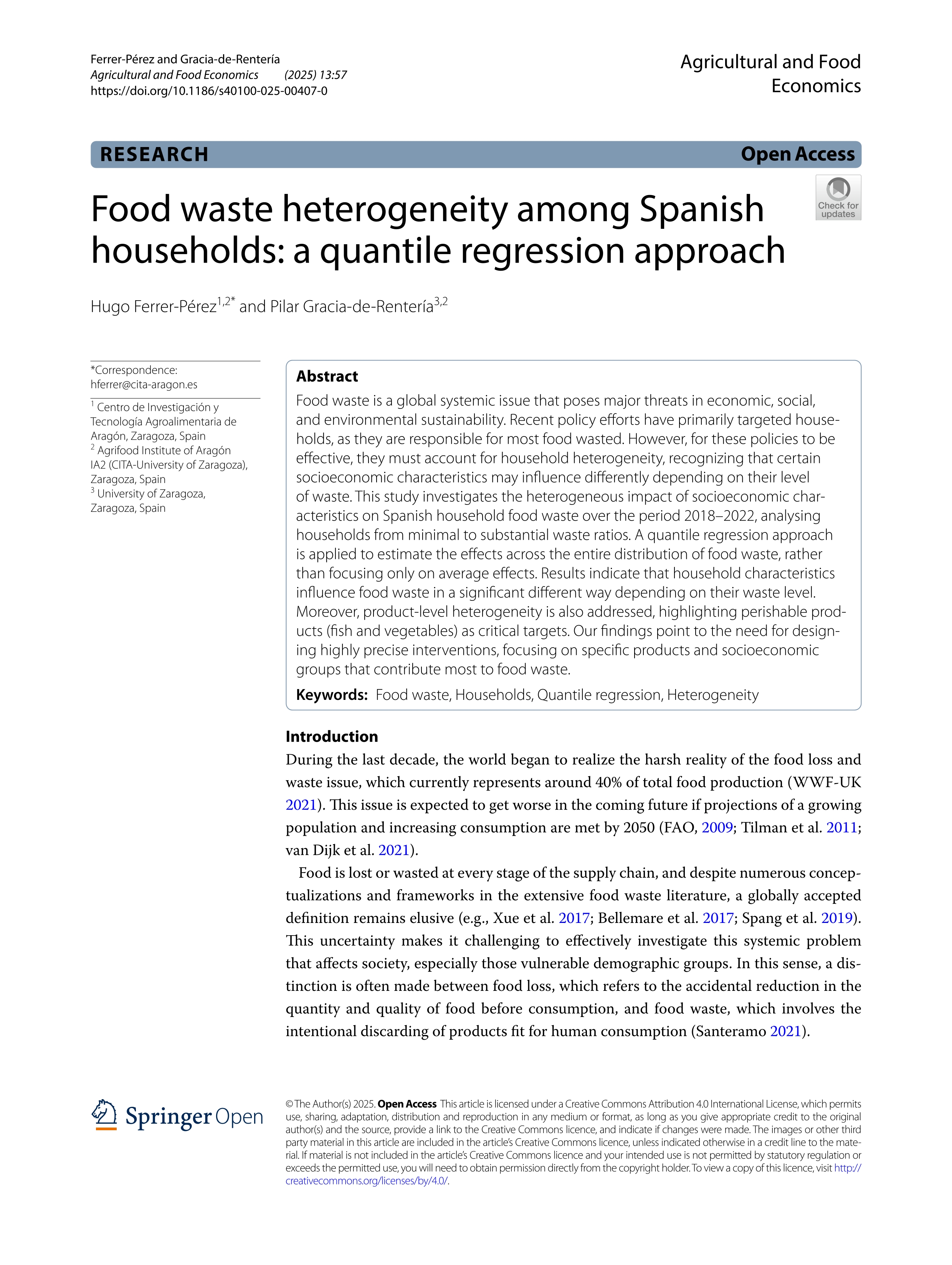 Food waste heterogeneity among Spanish households: a quantile regression approach