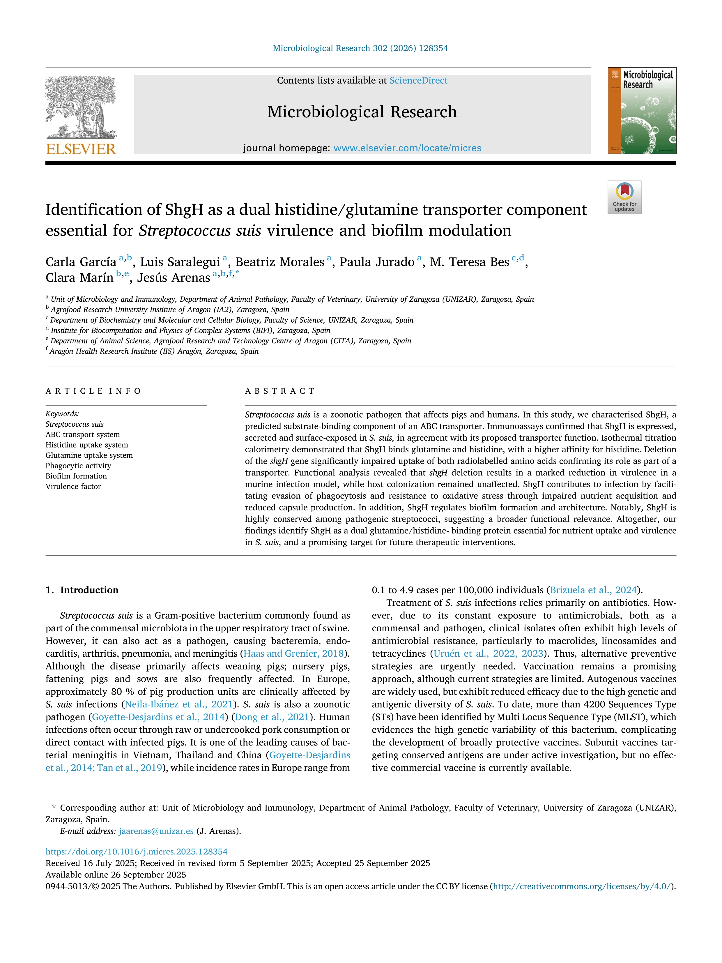 Identification of ShgH as a dual histidine/glutamine transporter component essential for Streptococcus suis virulence and biofilm modulation