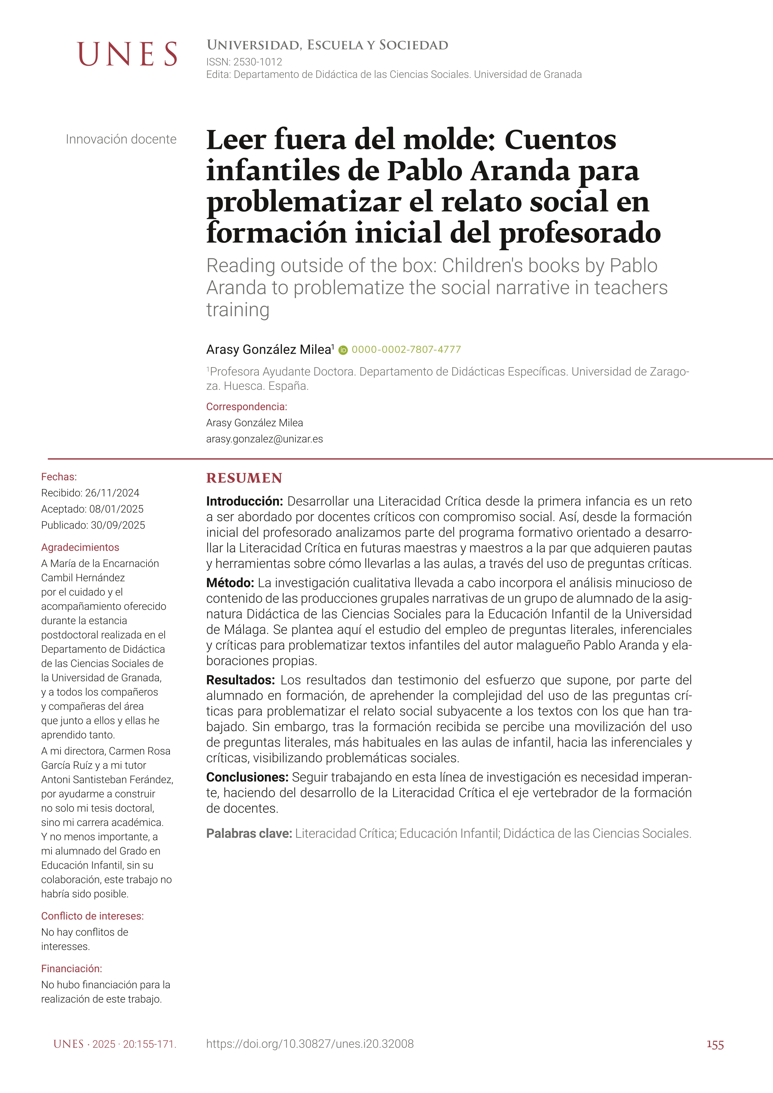 Leer fuera del molde: Cuentos infantiles de Pablo Aranda para problematizar el relato social en formación inicial del profesorado