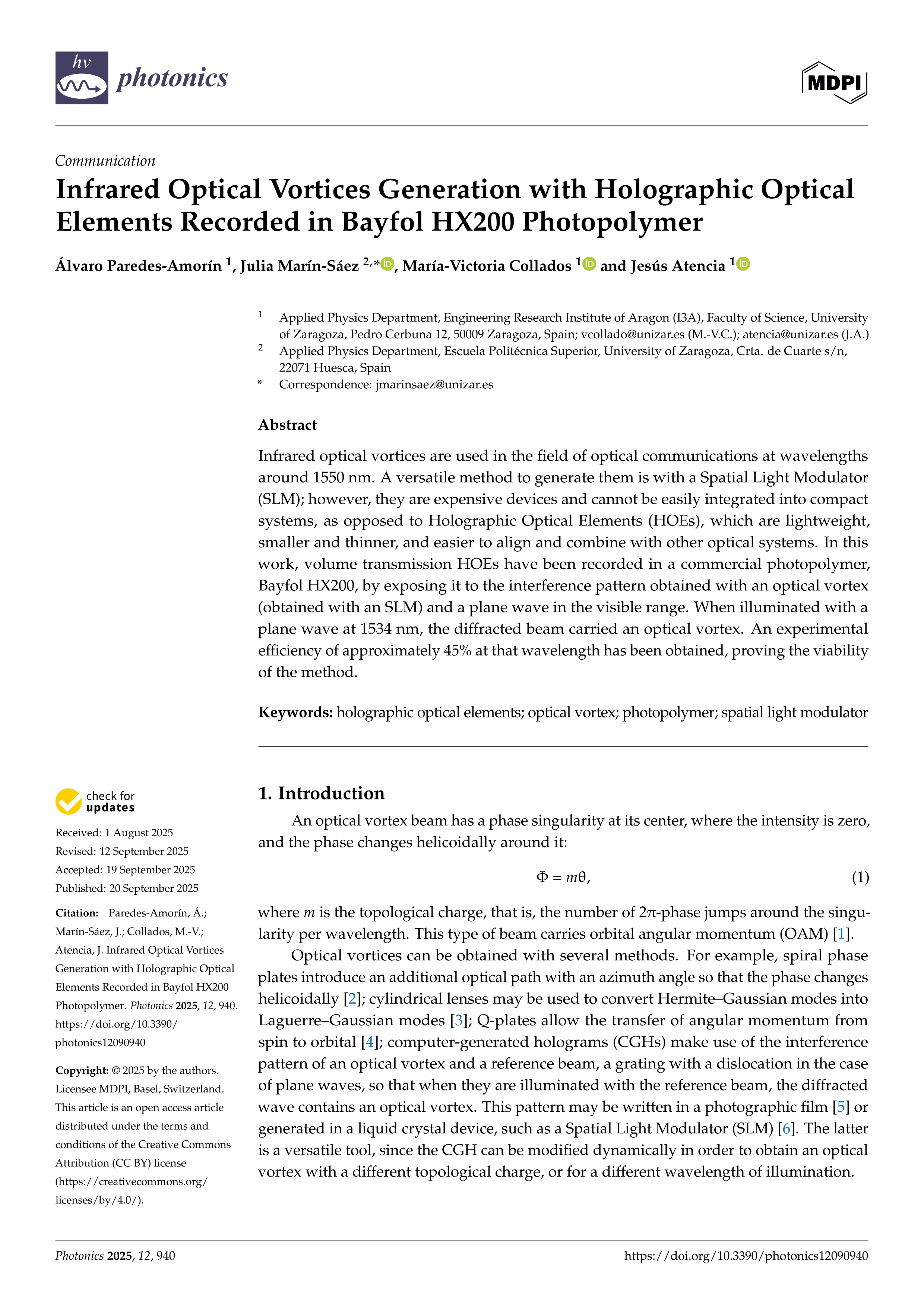Infrared Optical Vortices Generation with Holographic Optical Elements Recorded in Bayfol HX200 Photopolymer