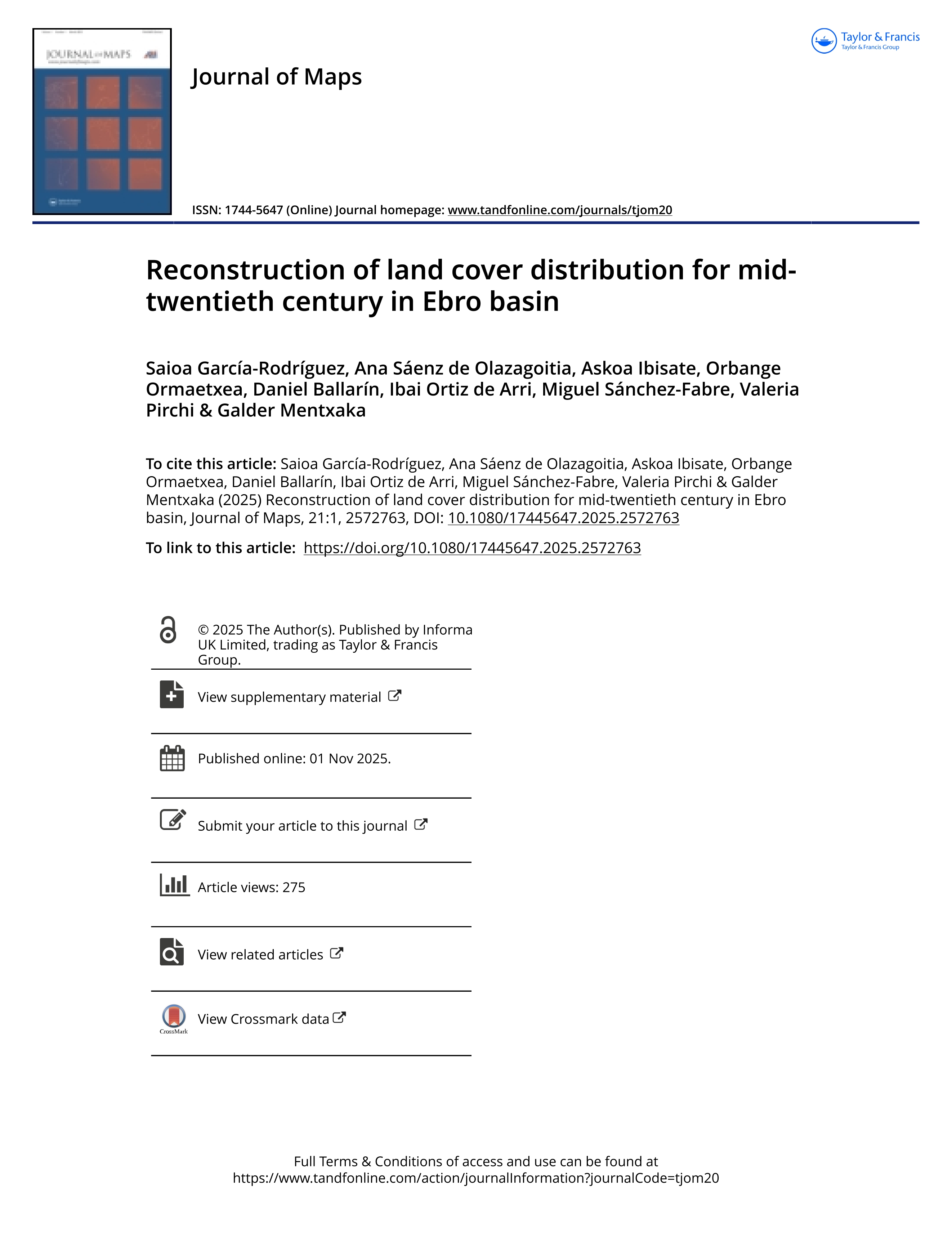 Reconstruction of land cover distribution for mid-twentieth century in Ebro basin