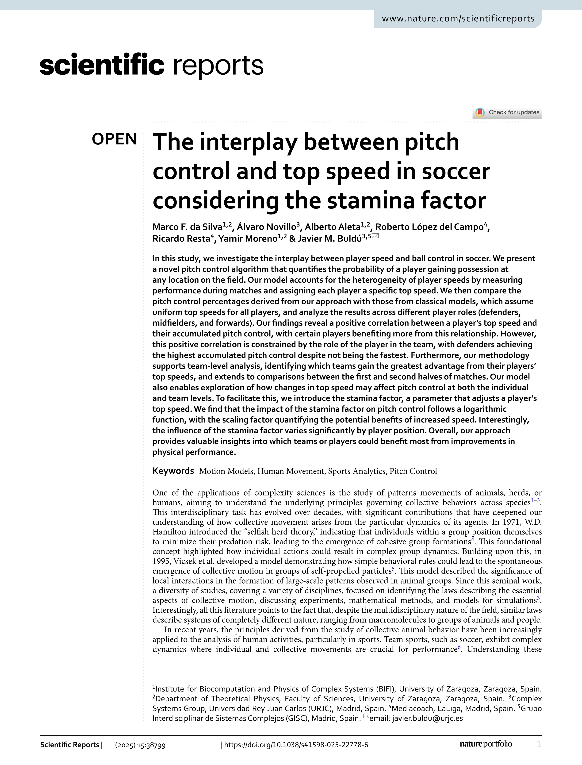 The interplay between pitch control and top speed in soccer considering the stamina factor
