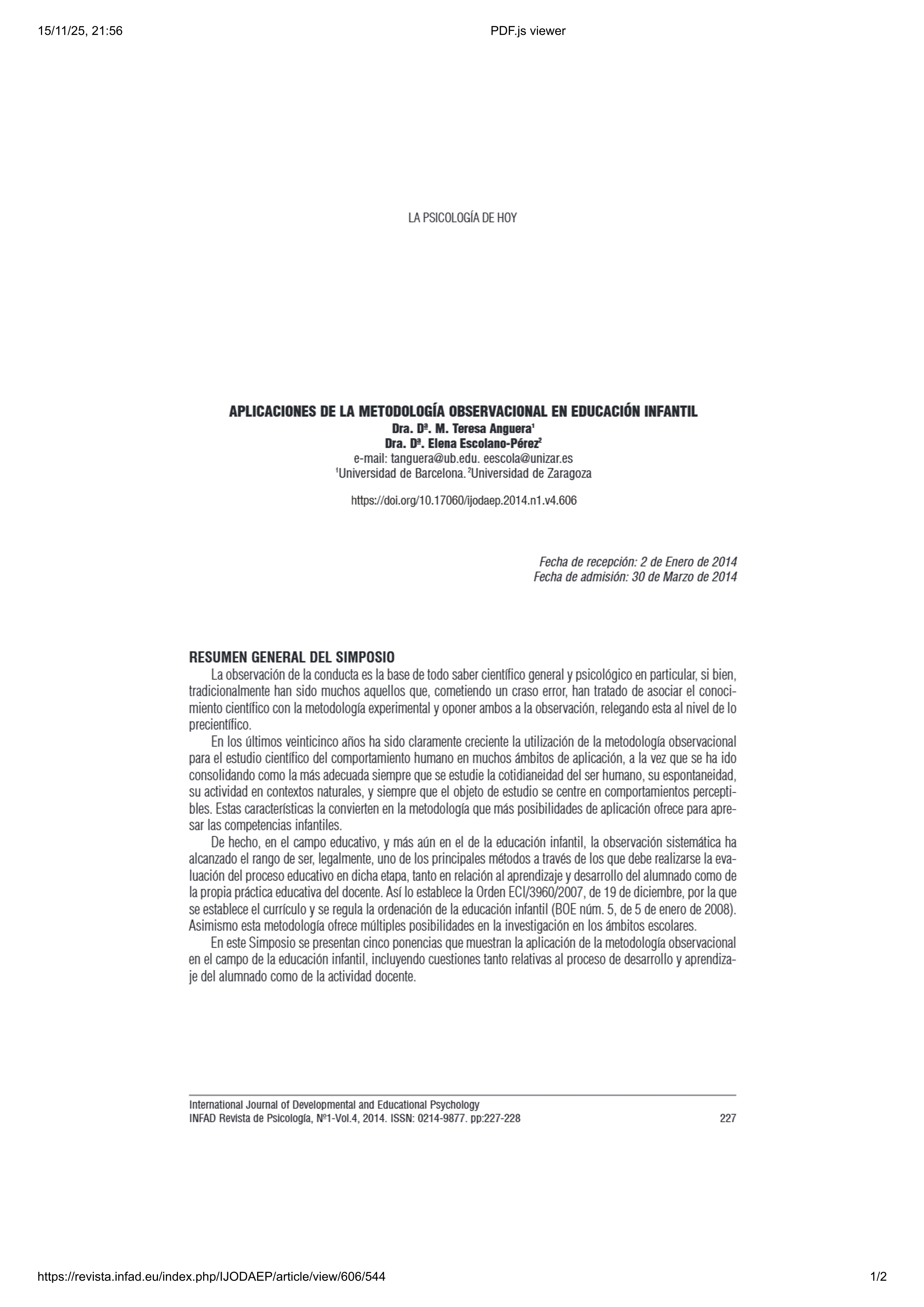 Aplicaciones de la Metodología Observacional en Educación Infantil