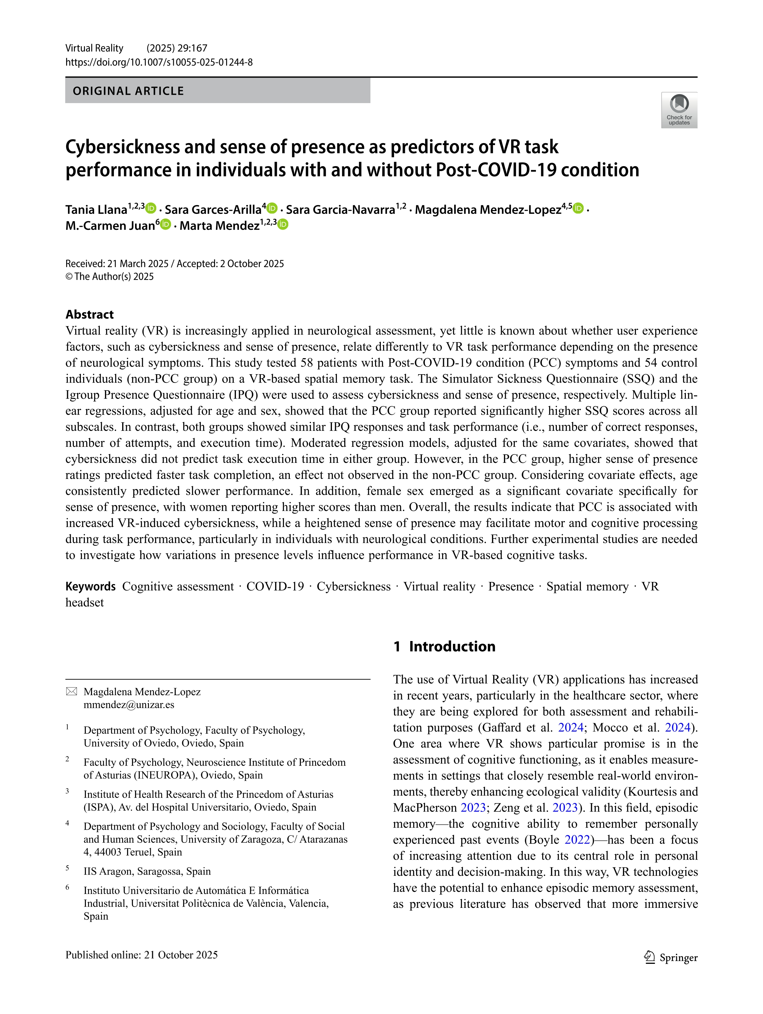 Cybersickness and sense of presence as predictors of VR task performance in individuals with and without Post-COVID-19 condition