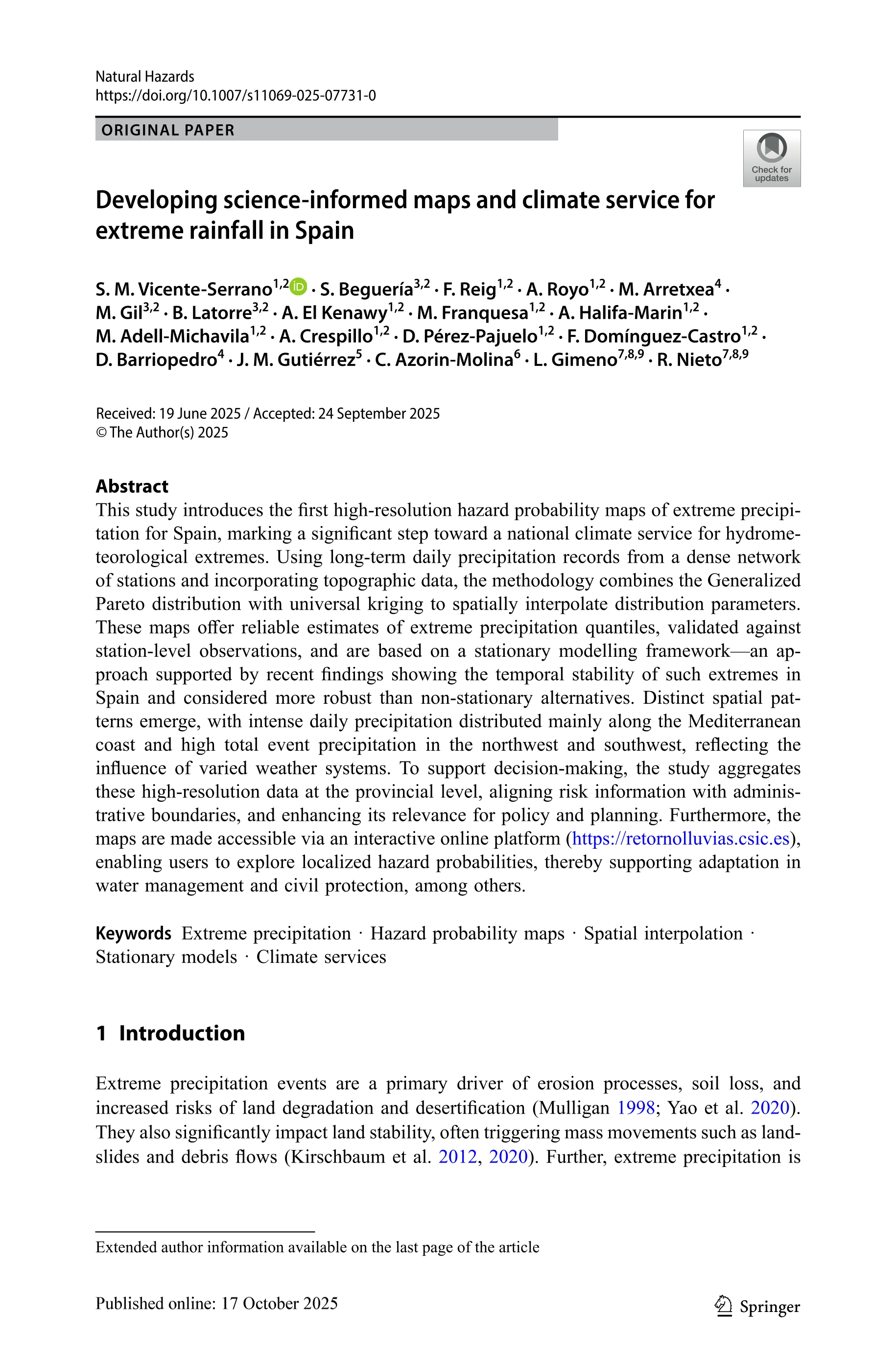 Developing science-informed maps and climate service for extreme rainfall in Spain