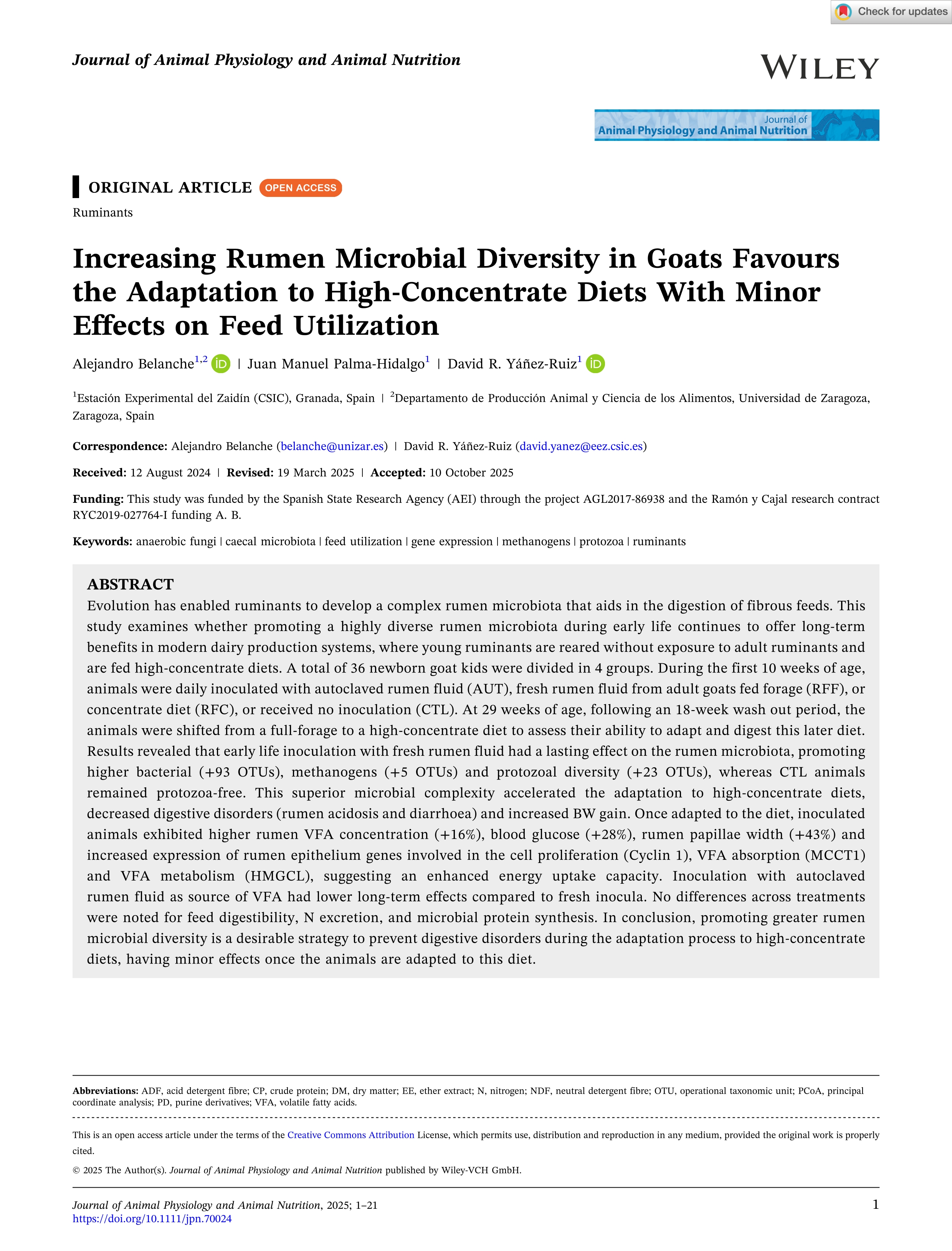 Increasing rumen microbial diversity in goats favours the adaptation to high‐concentrate diets with minor effects on feed utilization