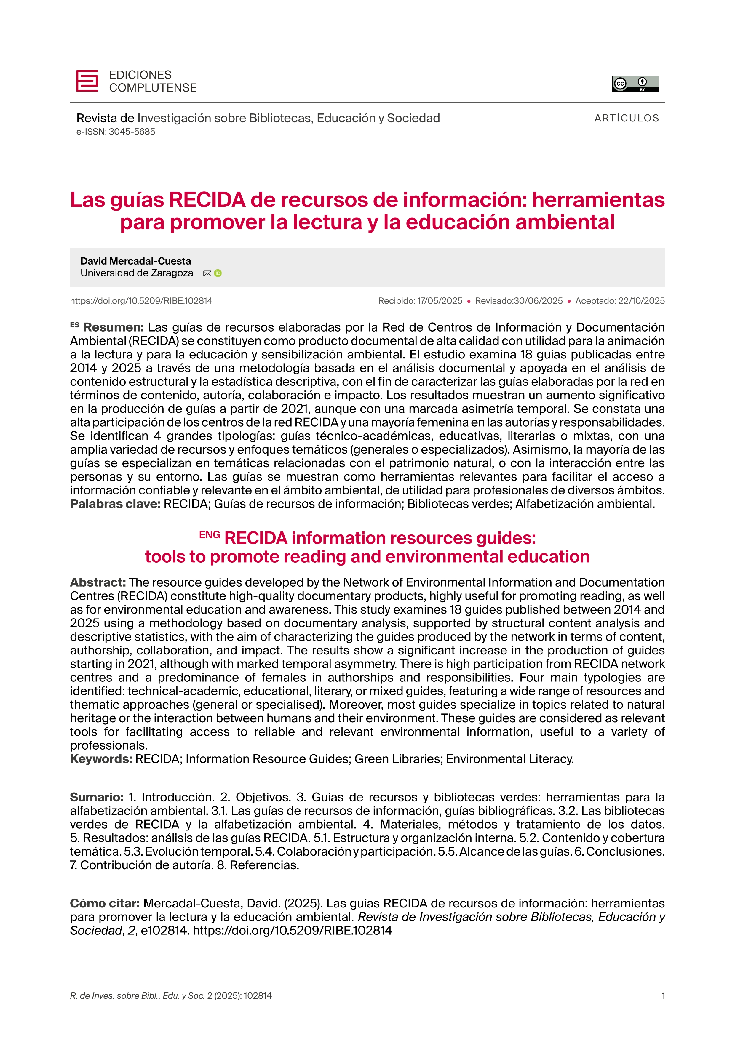 Las guías RECIDA de recursos de información: herramientas para promover la lectura y la educación ambiental