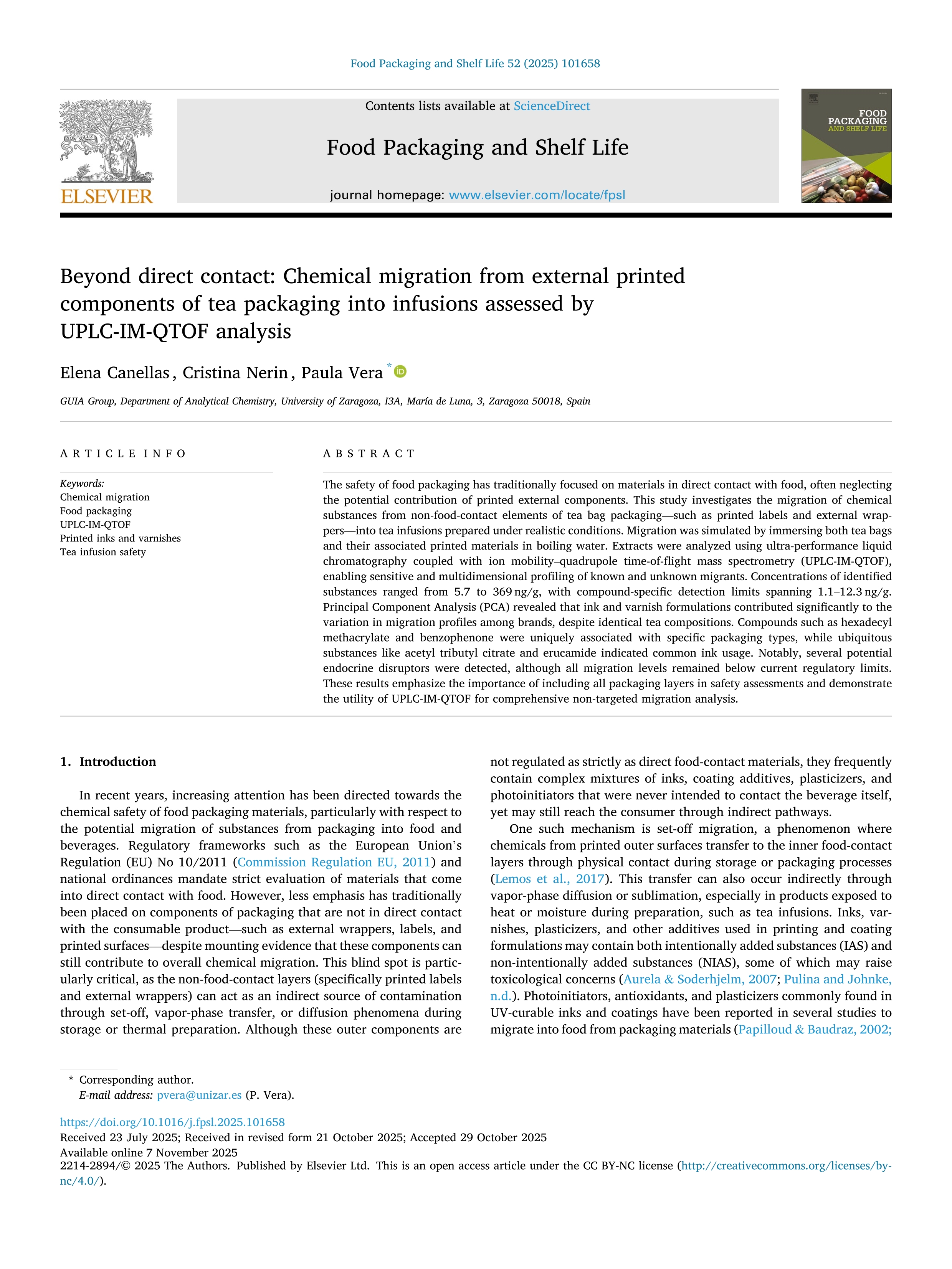Beyond direct contact: Chemical migration from external printed components of tea packaging into infusions assessed by UPLC-IM-QTOF analysis