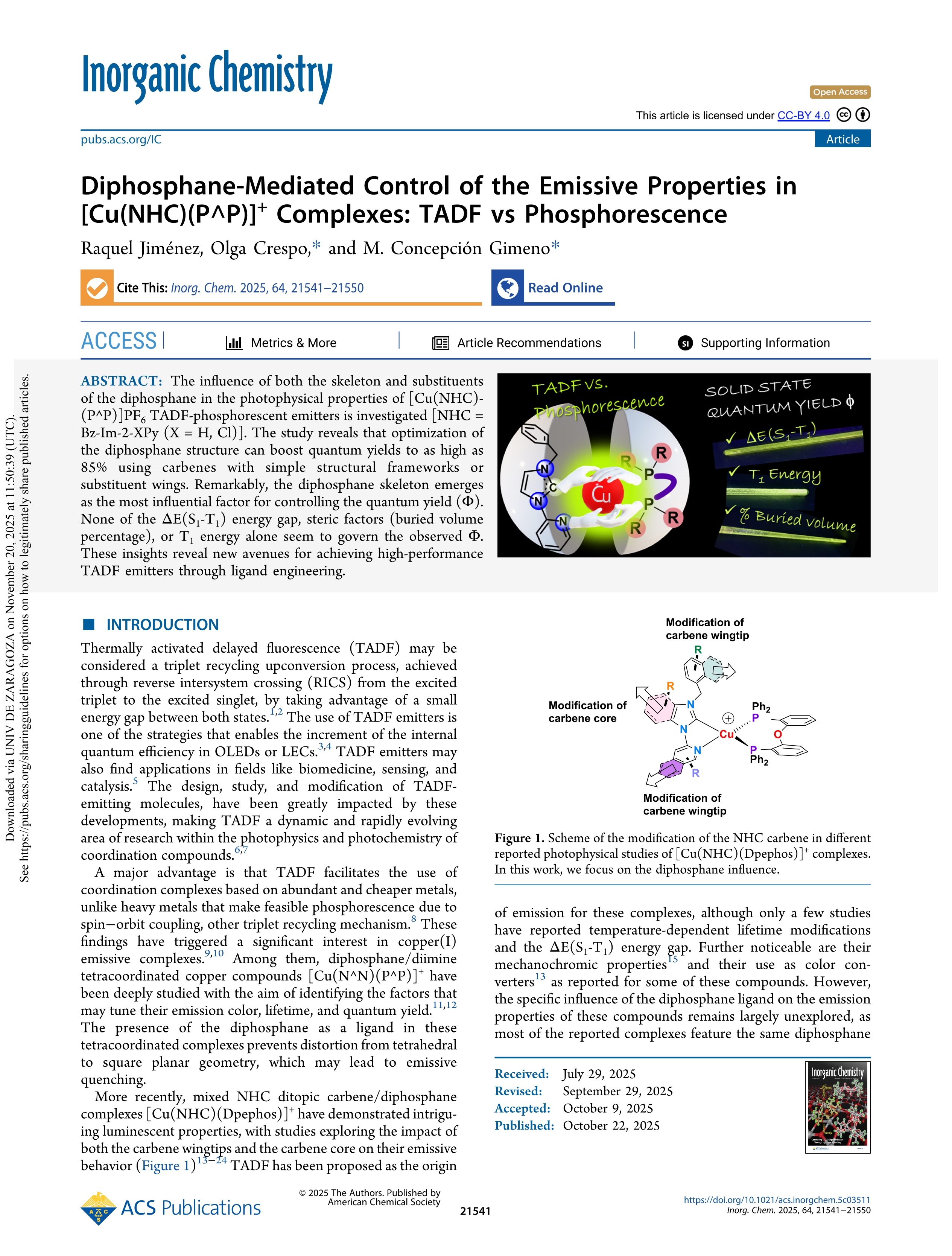 Diphosphane-Mediated Control of the Emissive Properties in [Cu(NHC)(P^P)]                    <sup>+</sup>                    Complexes: TADF vs Phosphorescence