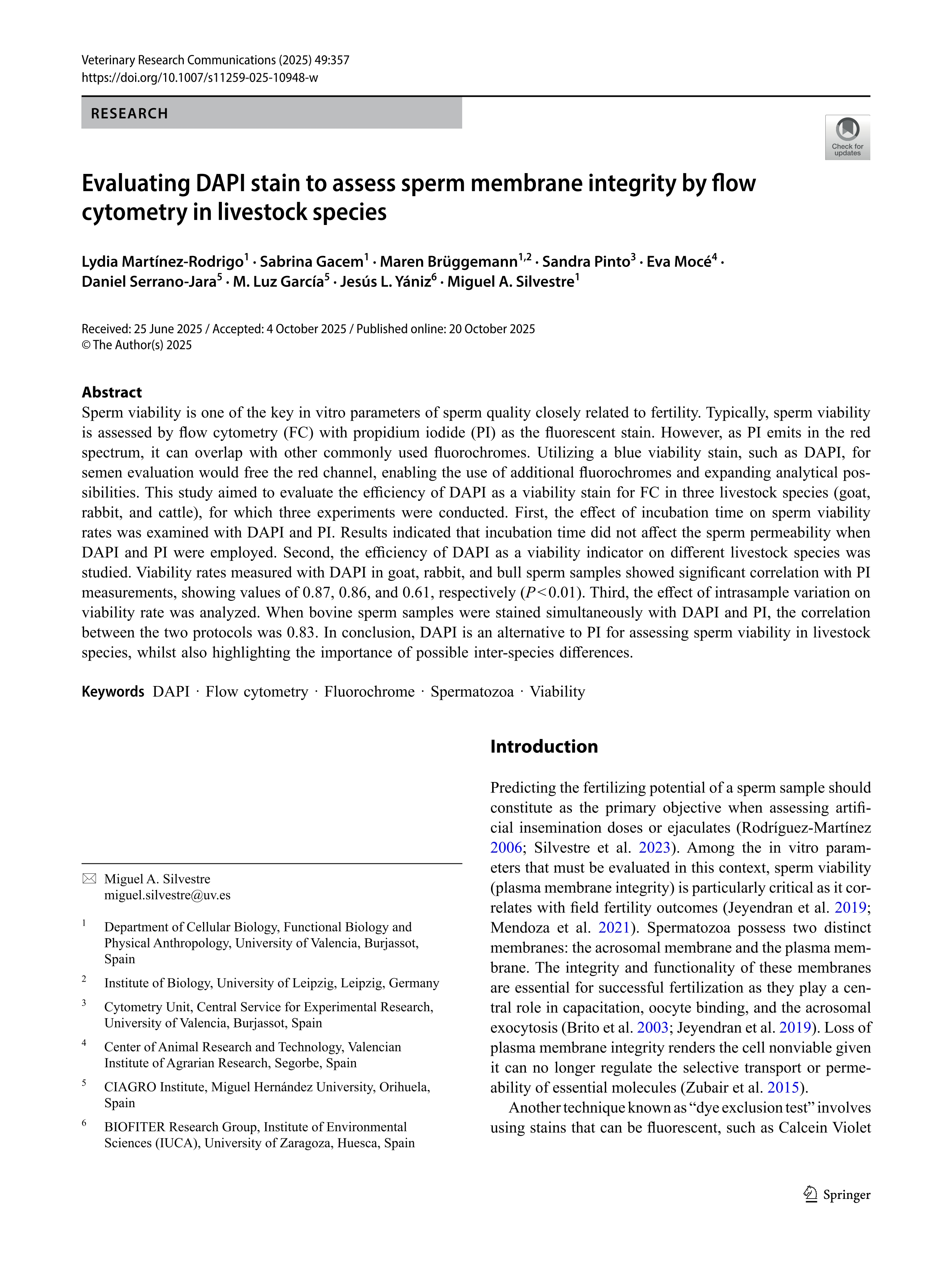 Evaluating DAPI stain to assess sperm membrane integrity by flow cytometry in livestock species