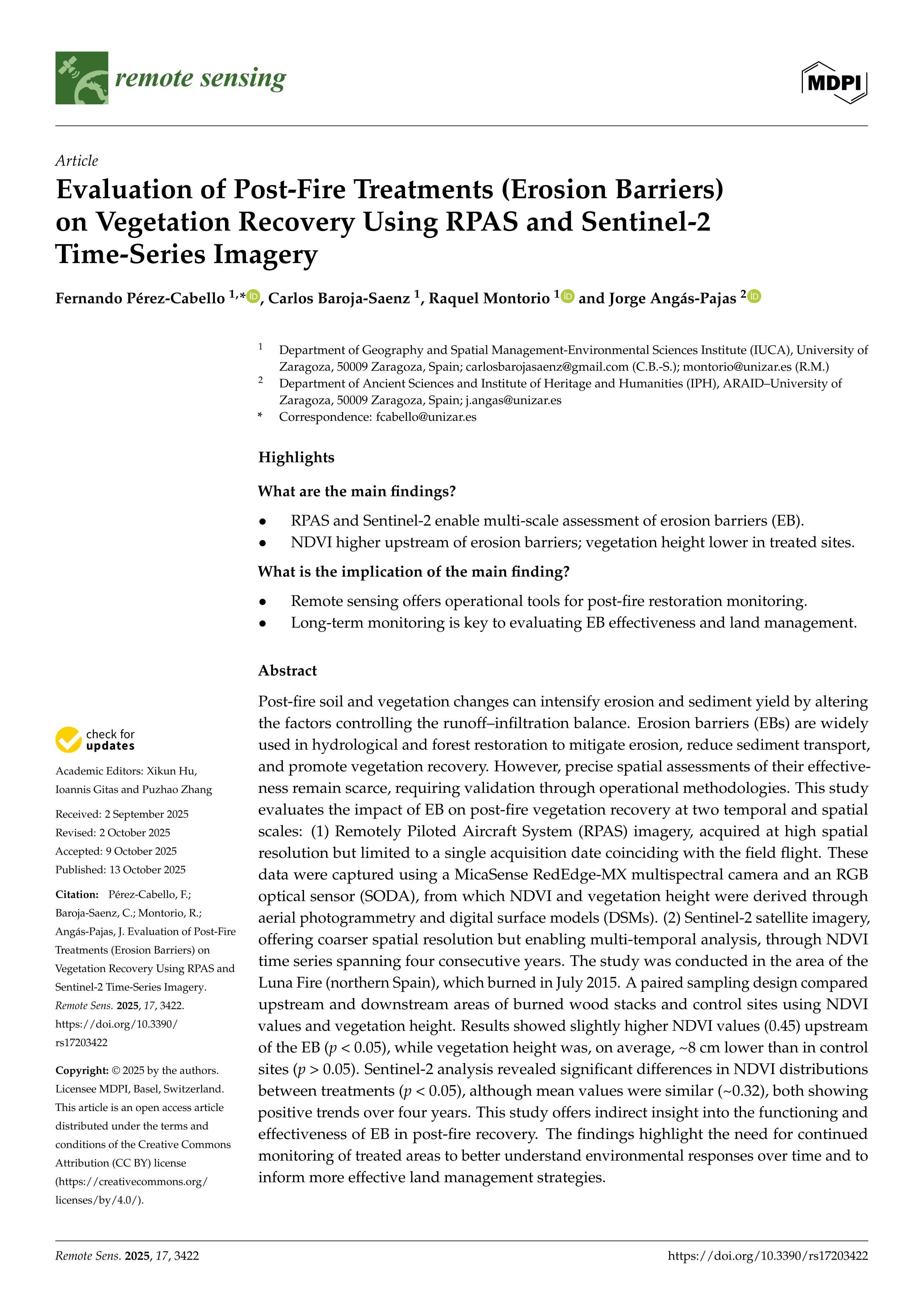 Evaluation of Post-Fire Treatments (Erosion Barriers) on Vegetation Recovery Using RPAS and Sentinel-2 Time-Series Imagery