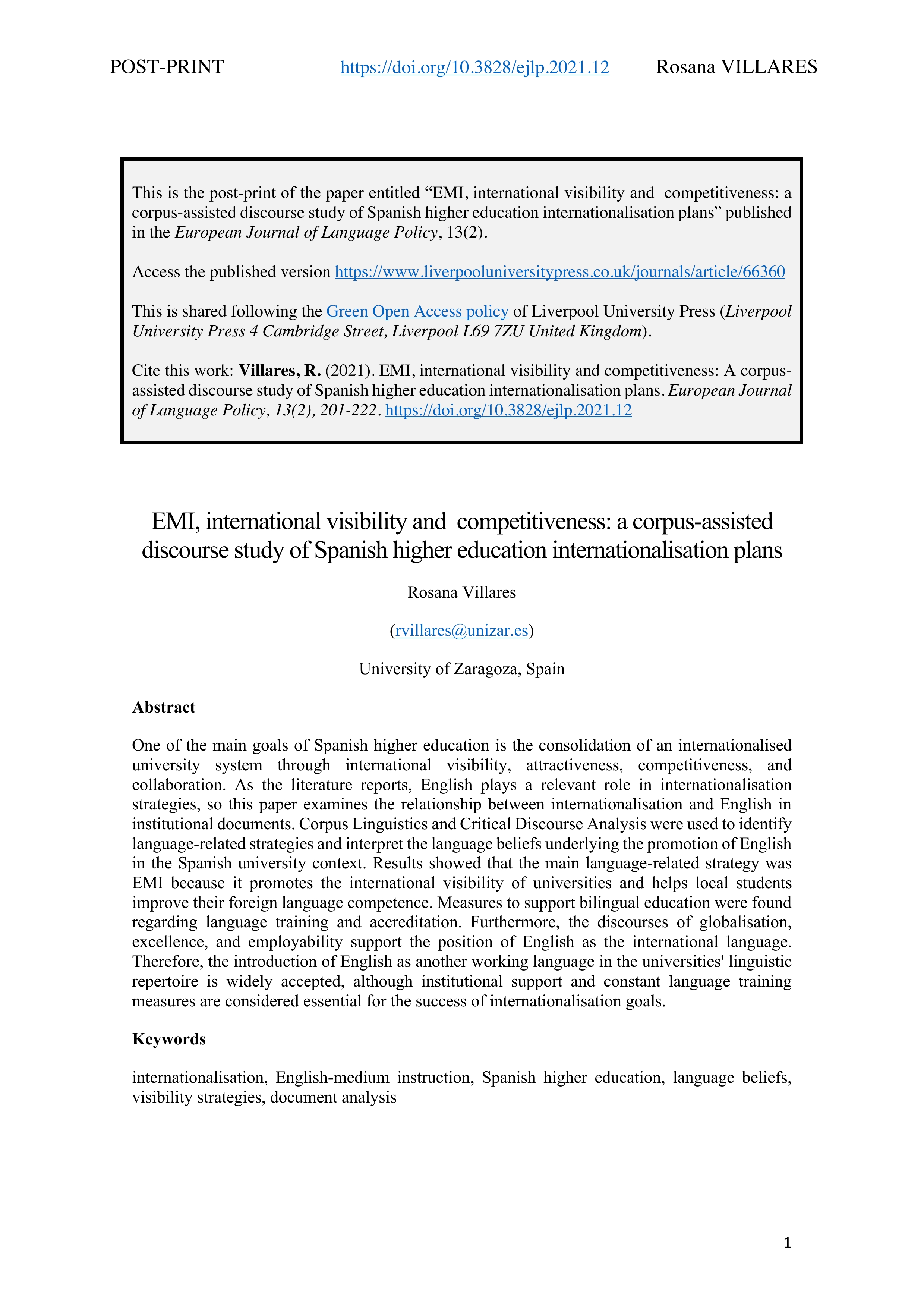 EMI, international visibility and competitiveness: A corpus-assisted discourse study of Spanish higher education internationalisation plans