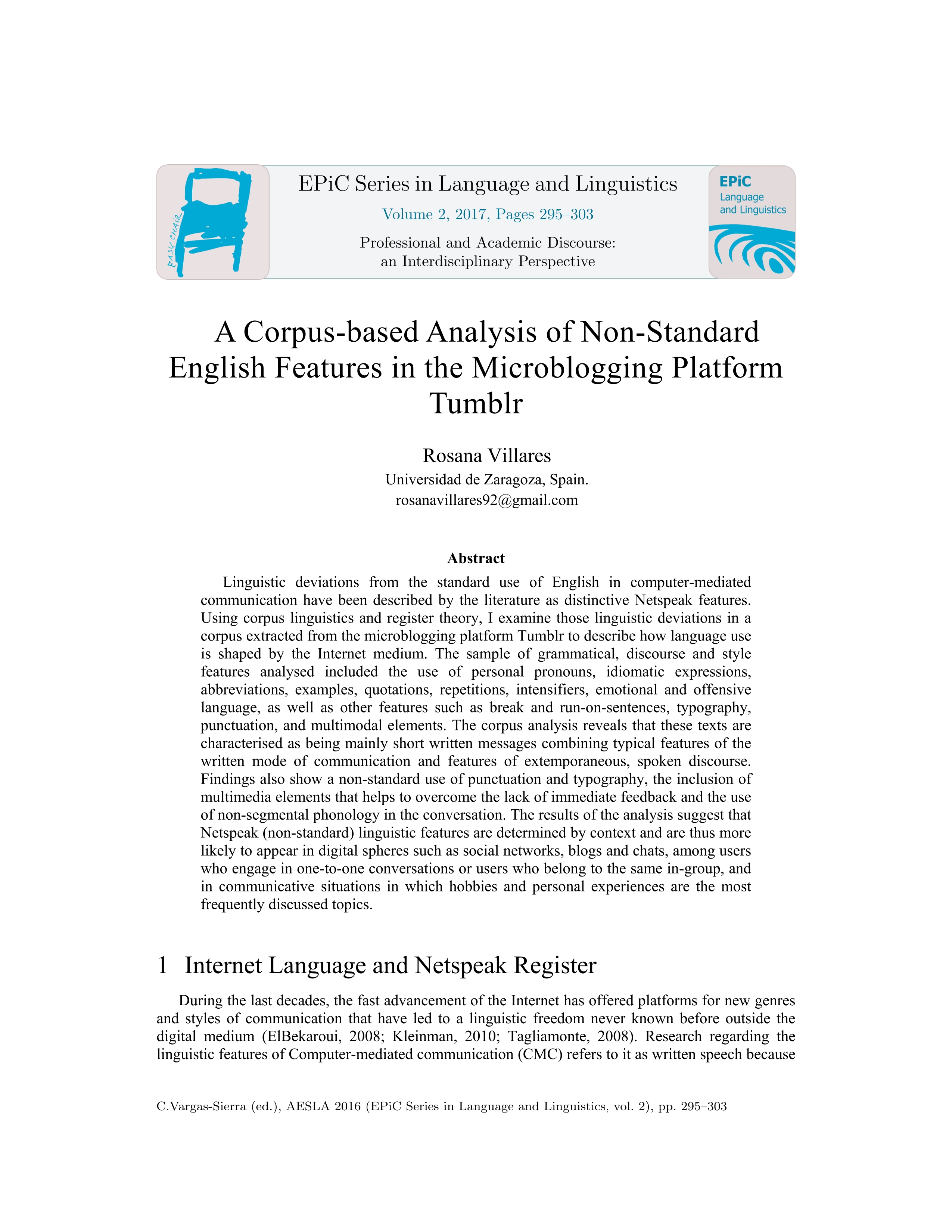 A Corpus-based Analysis of Non-Standard English Features in the Microblogging Platform Tumblr