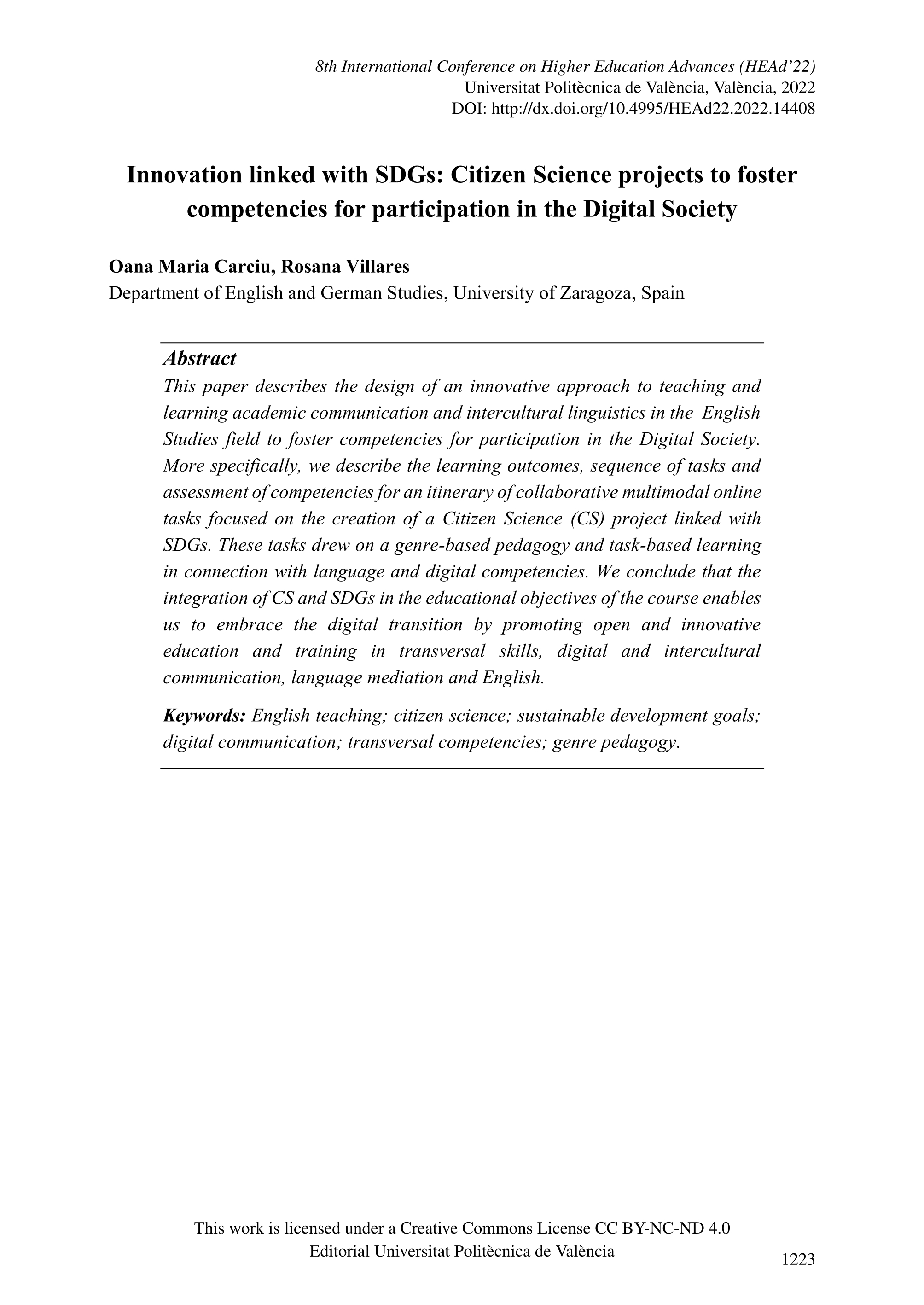 Innovation linked with SDGs: Citizen Science projects to foster competencies for participation in the Digital Society