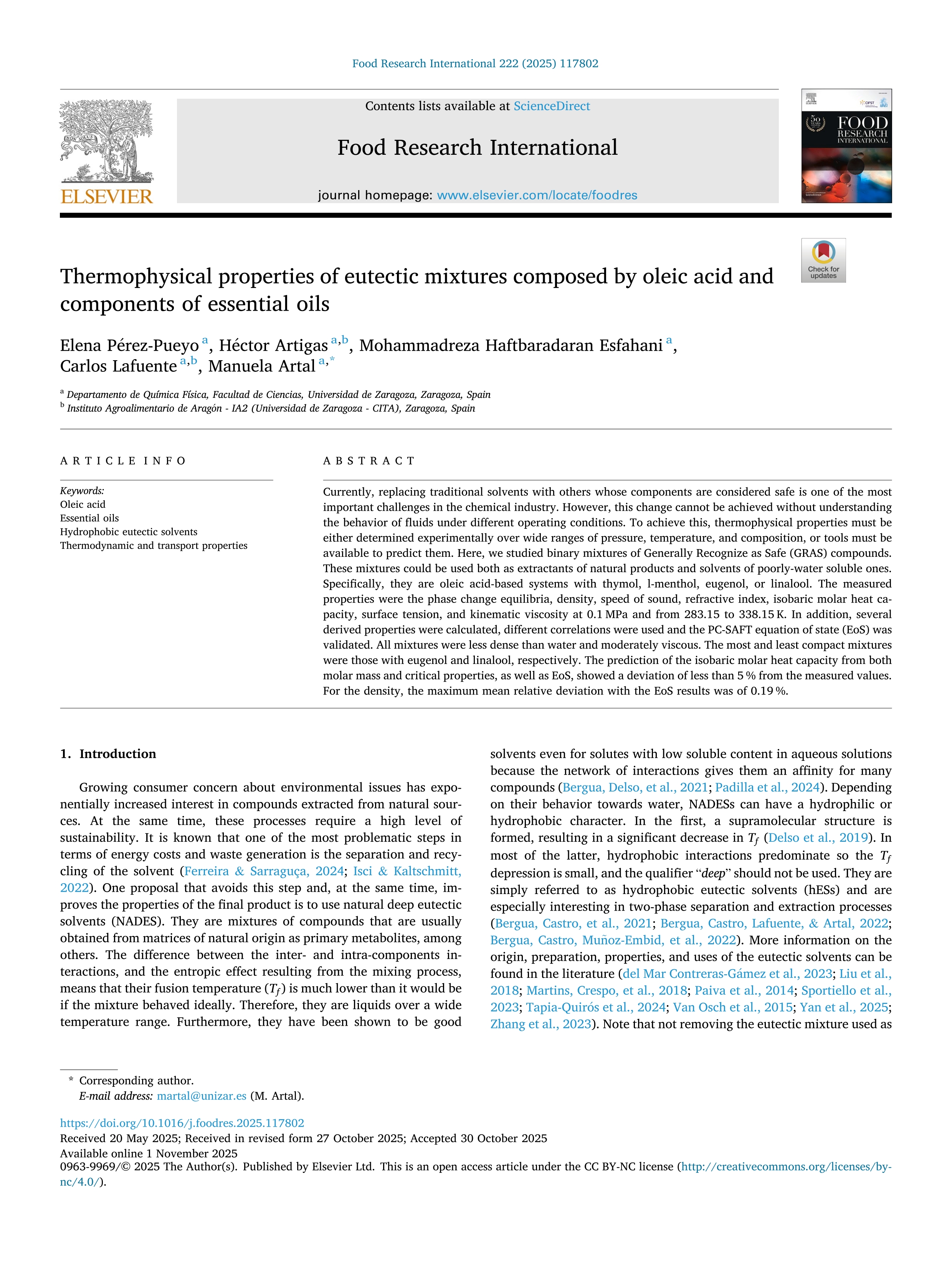 Thermophysical properties of eutectic mixtures composed by oleic acid and components of essential oils