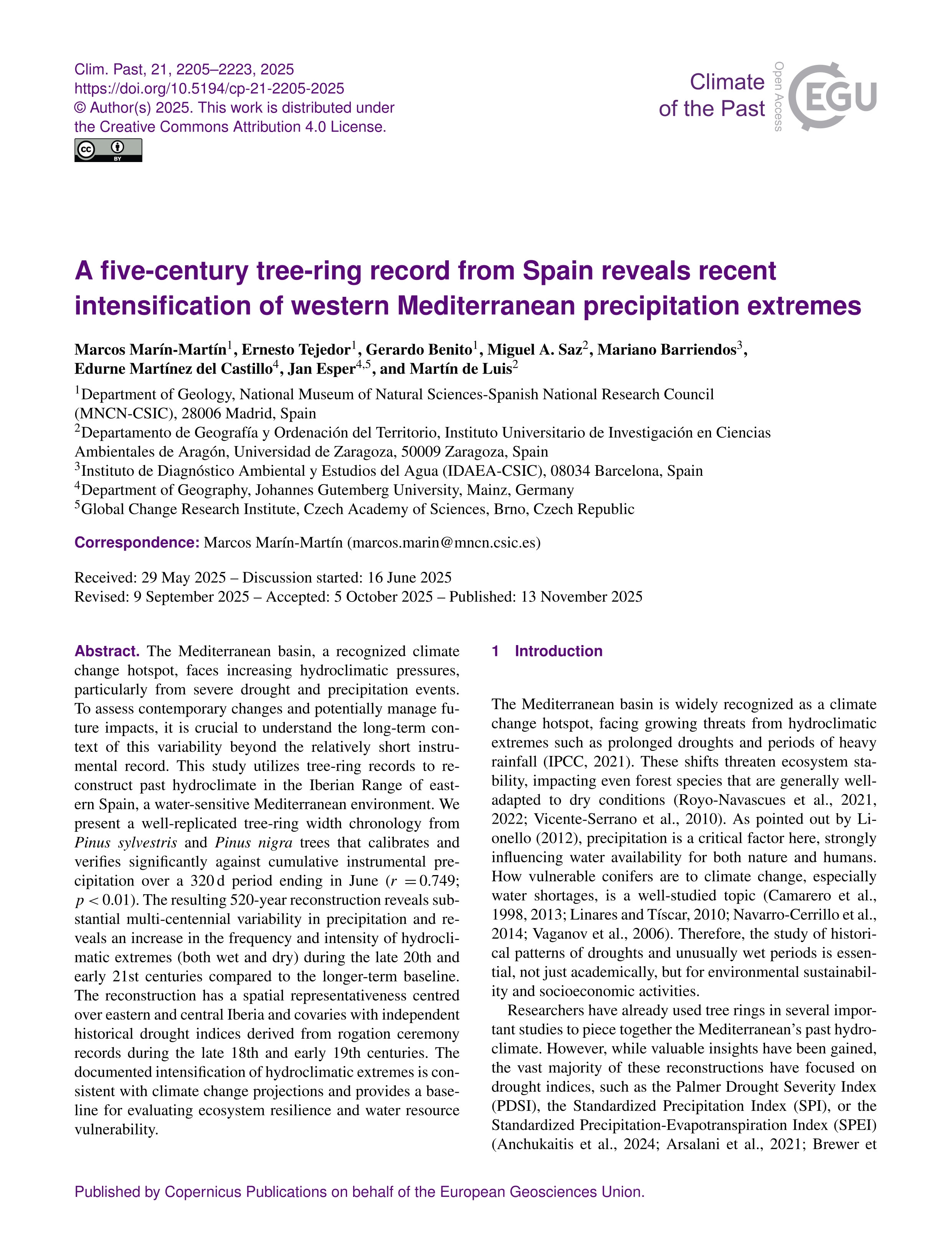 A five-century tree-ring record from Spain reveals recent intensification of western Mediterranean precipitation extremes