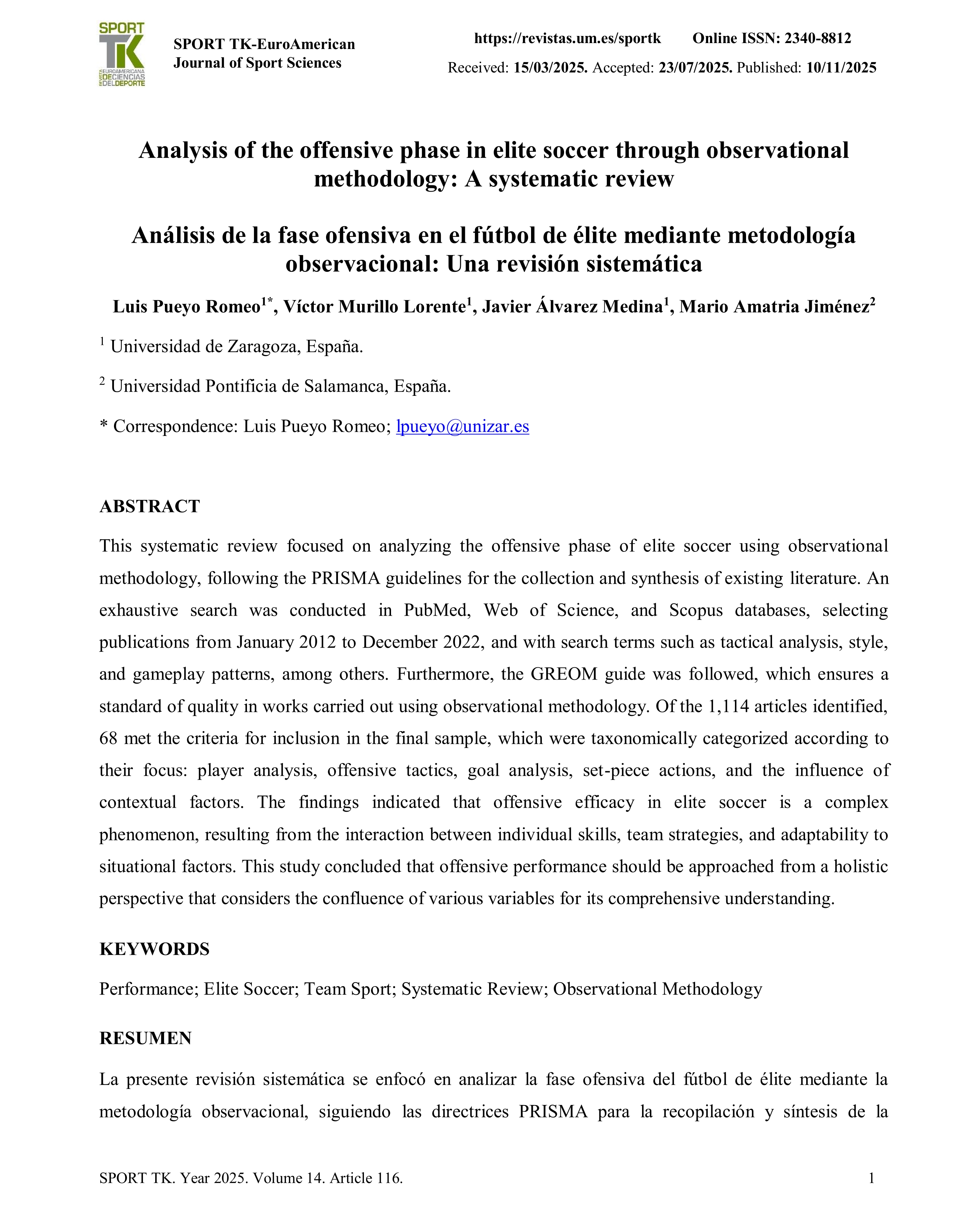 Analysis of the offensive phase in elite soccer through observational methodology:  A systematic review