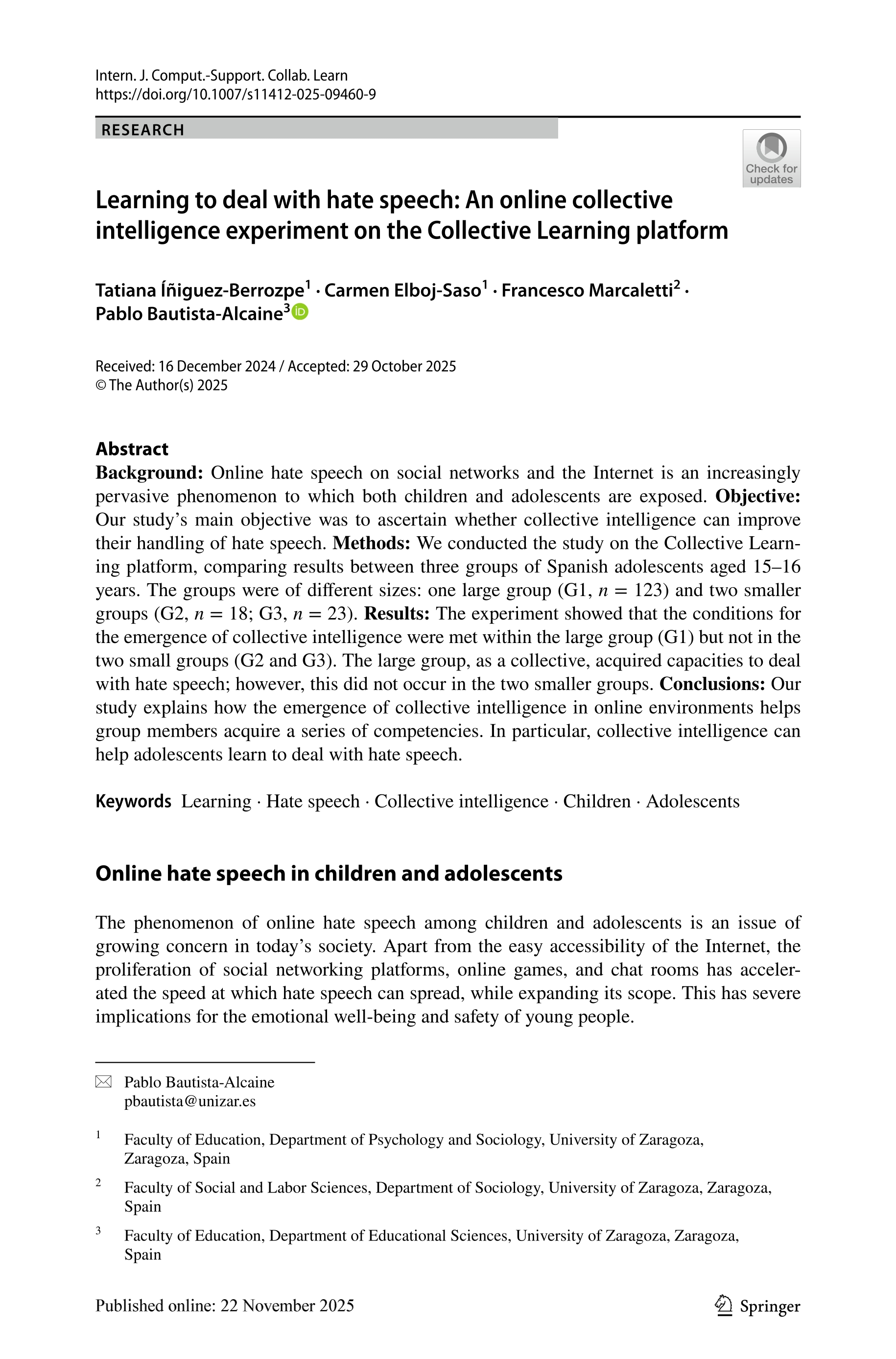 Learning to deal with hate speech: An online collective intelligence experiment on the Collective Learning platform