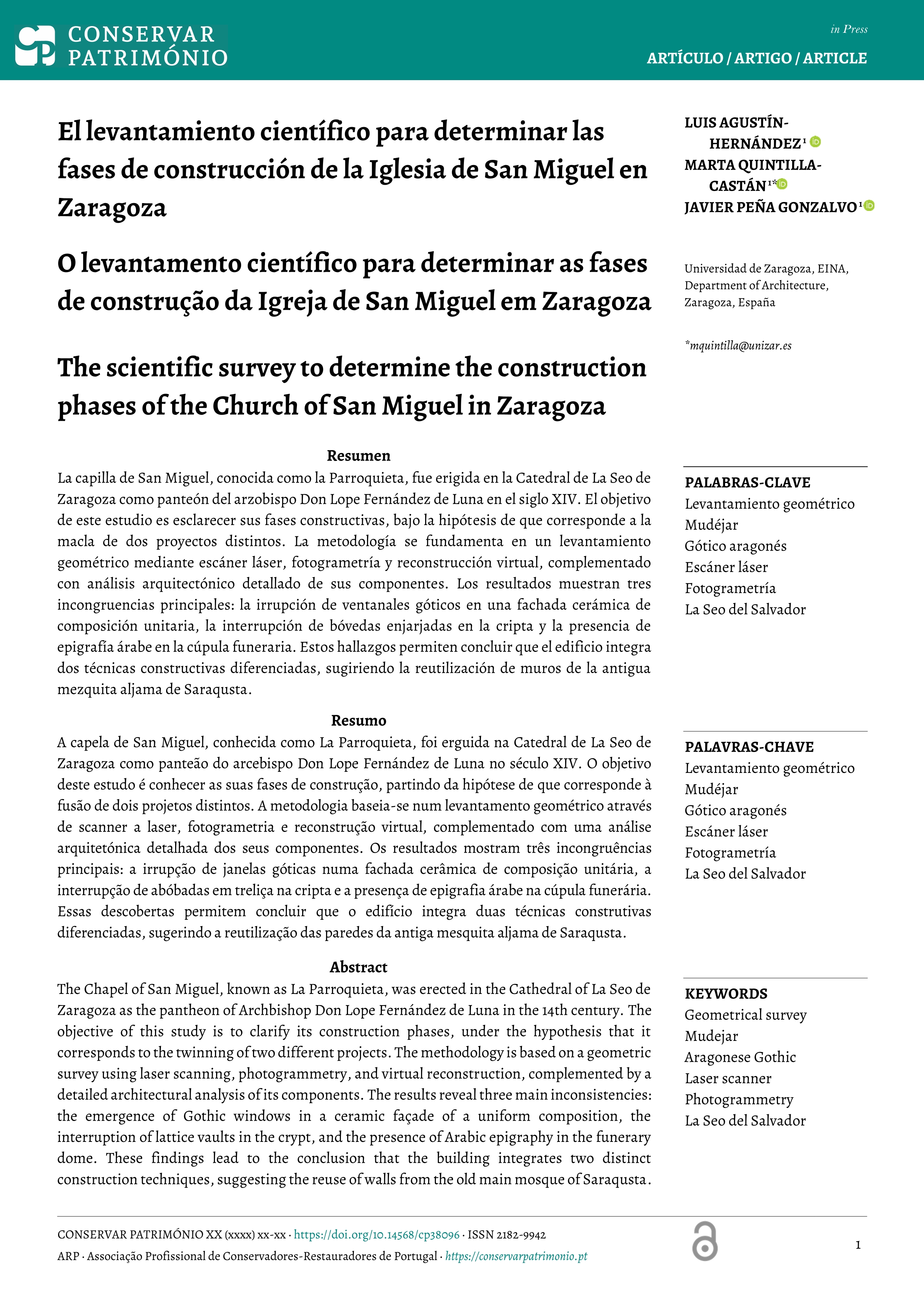 The scientific survey to determine the construction phases of the Church of San Miguel in Zaragoza
