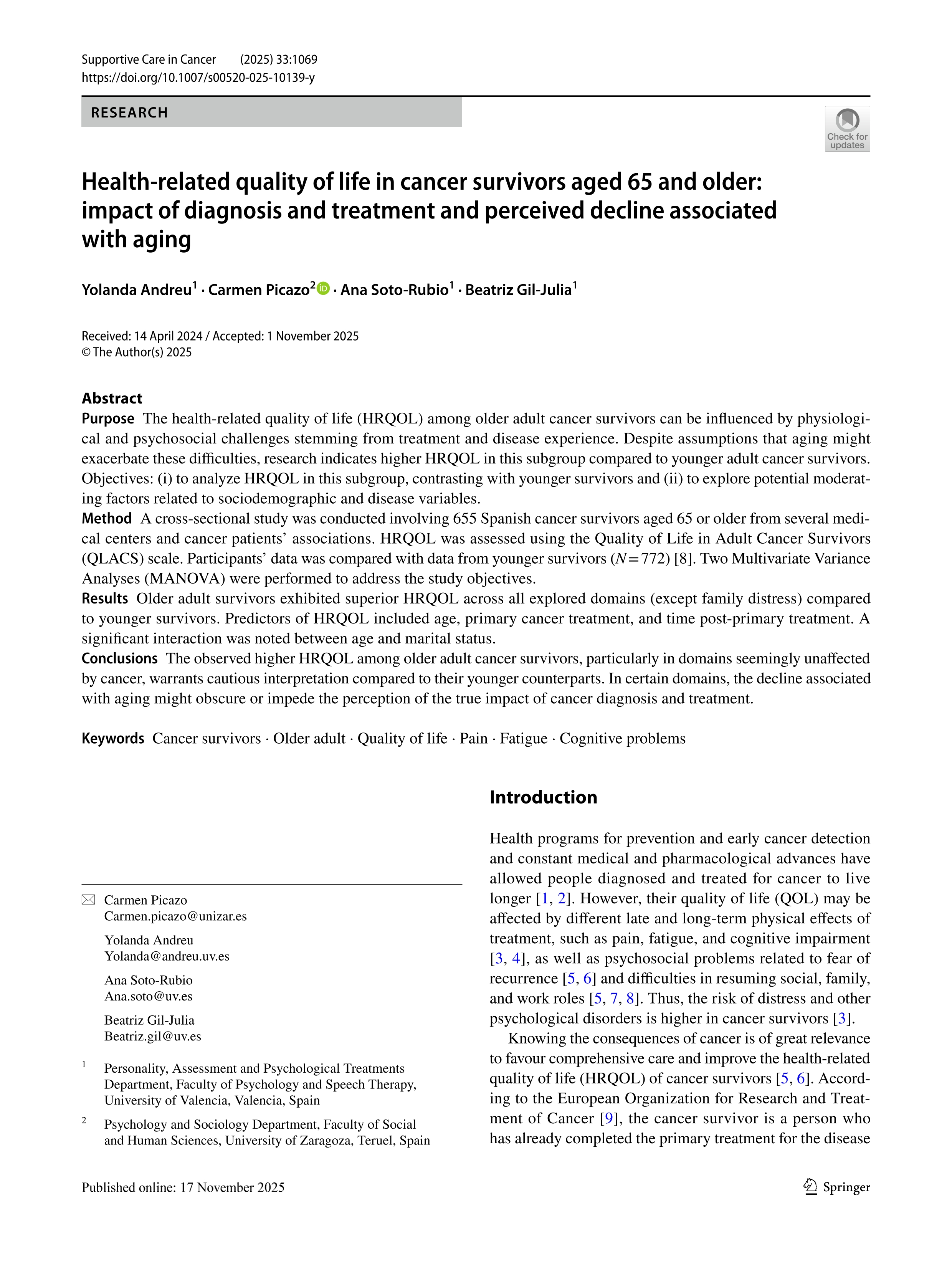 Health-related quality of life in cancer survivors aged 65 and older: impact of diagnosis and treatment and perceived decline associated with aging