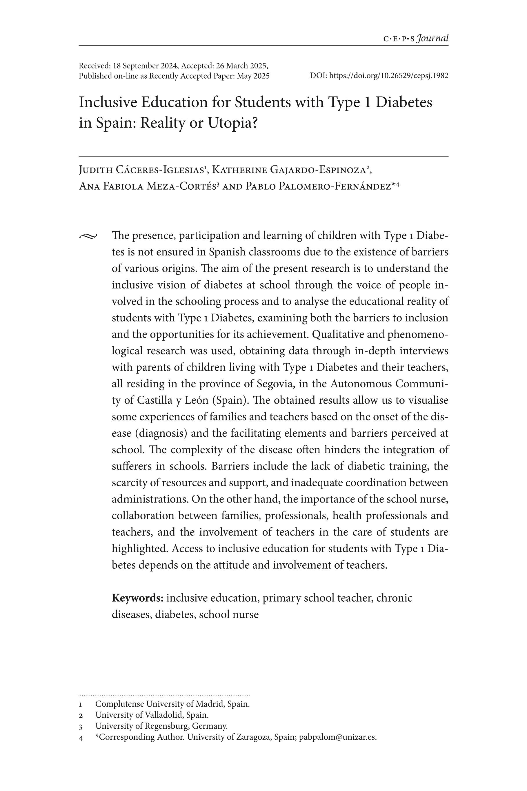 Inclusive Education for Students with Type 1 Diabetes in Spain: Reality or Utopia?