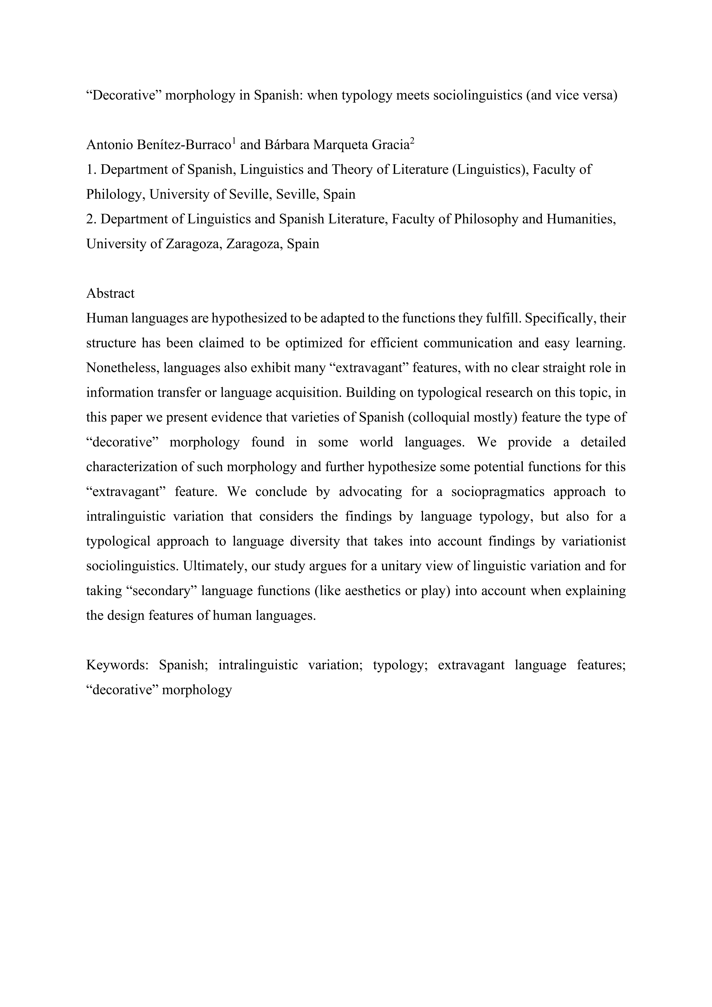 “Decorative” morphology in Spanish : at the crossroads of typology and sociolinguistics