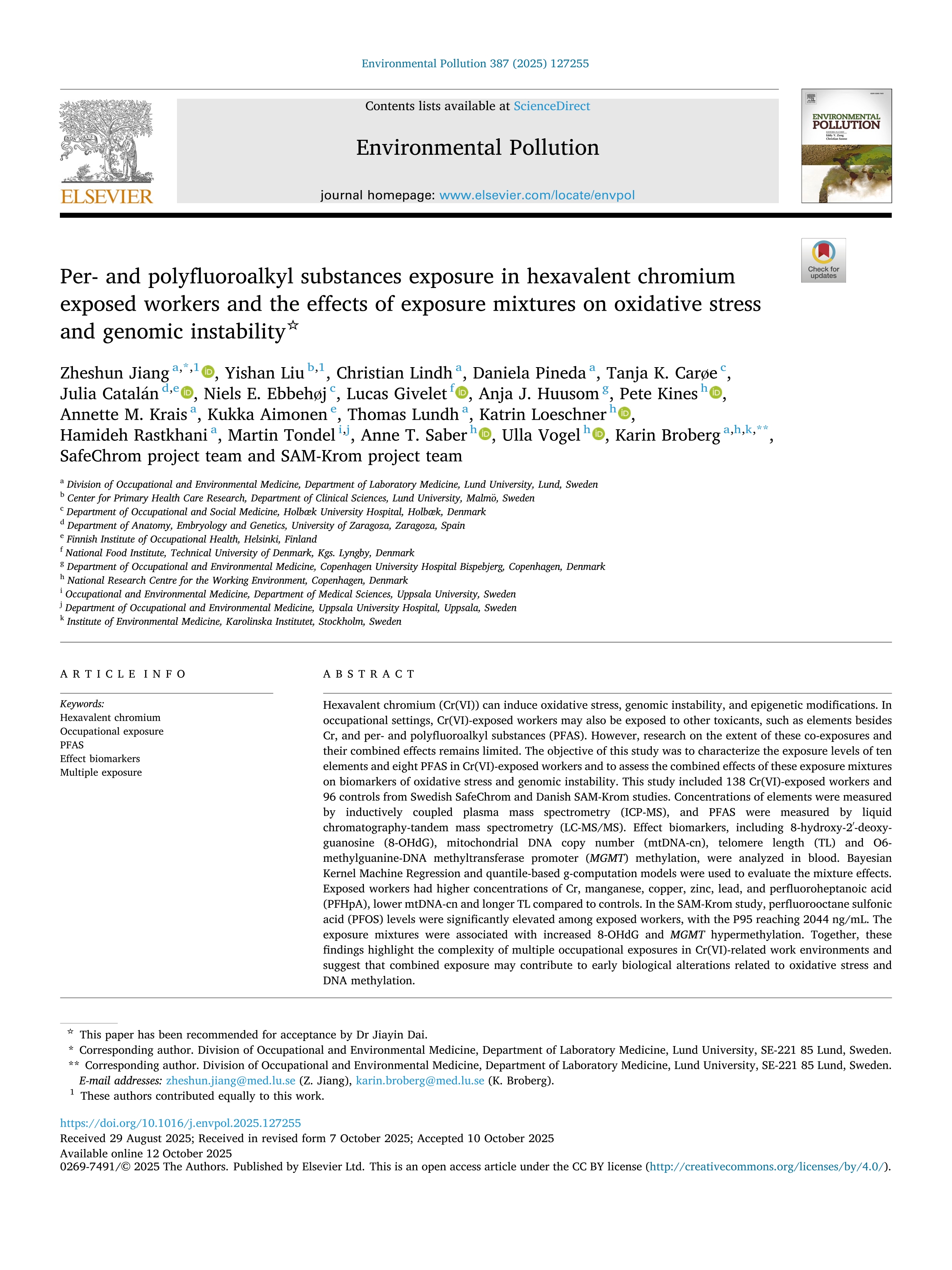 Per- and polyfluoroalkyl substances exposure in hexavalent chromium exposed workers and the effects of exposure mixtures on oxidative stress and genomic instability