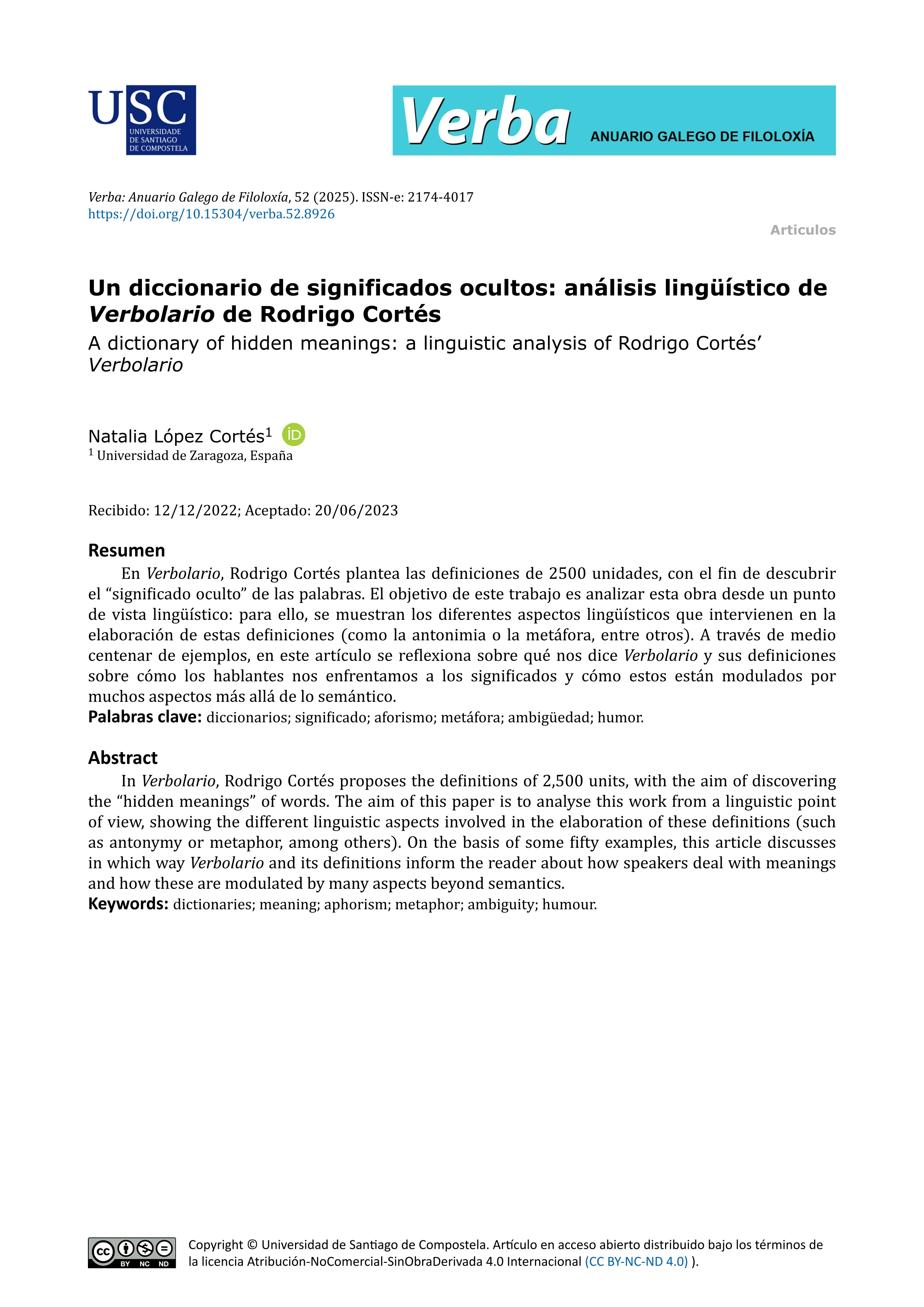 Un diccionario de significados ocultos: análisis lingüístico de Verbolario de Rodrigo Cortés
