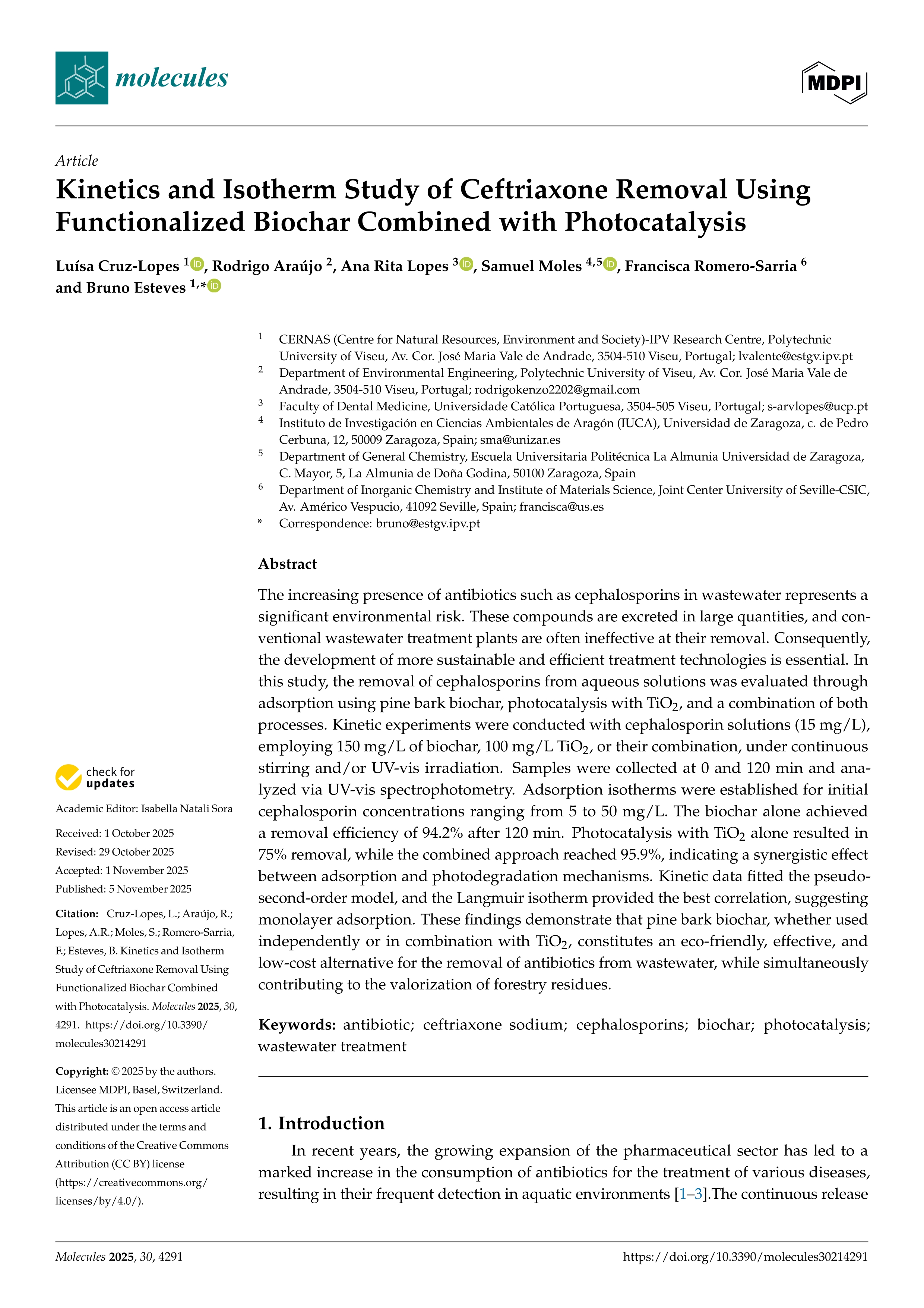 Kinetics and Isotherm Study of Ceftriaxone Removal Using Functionalized Biochar Combined with Photocatalysis