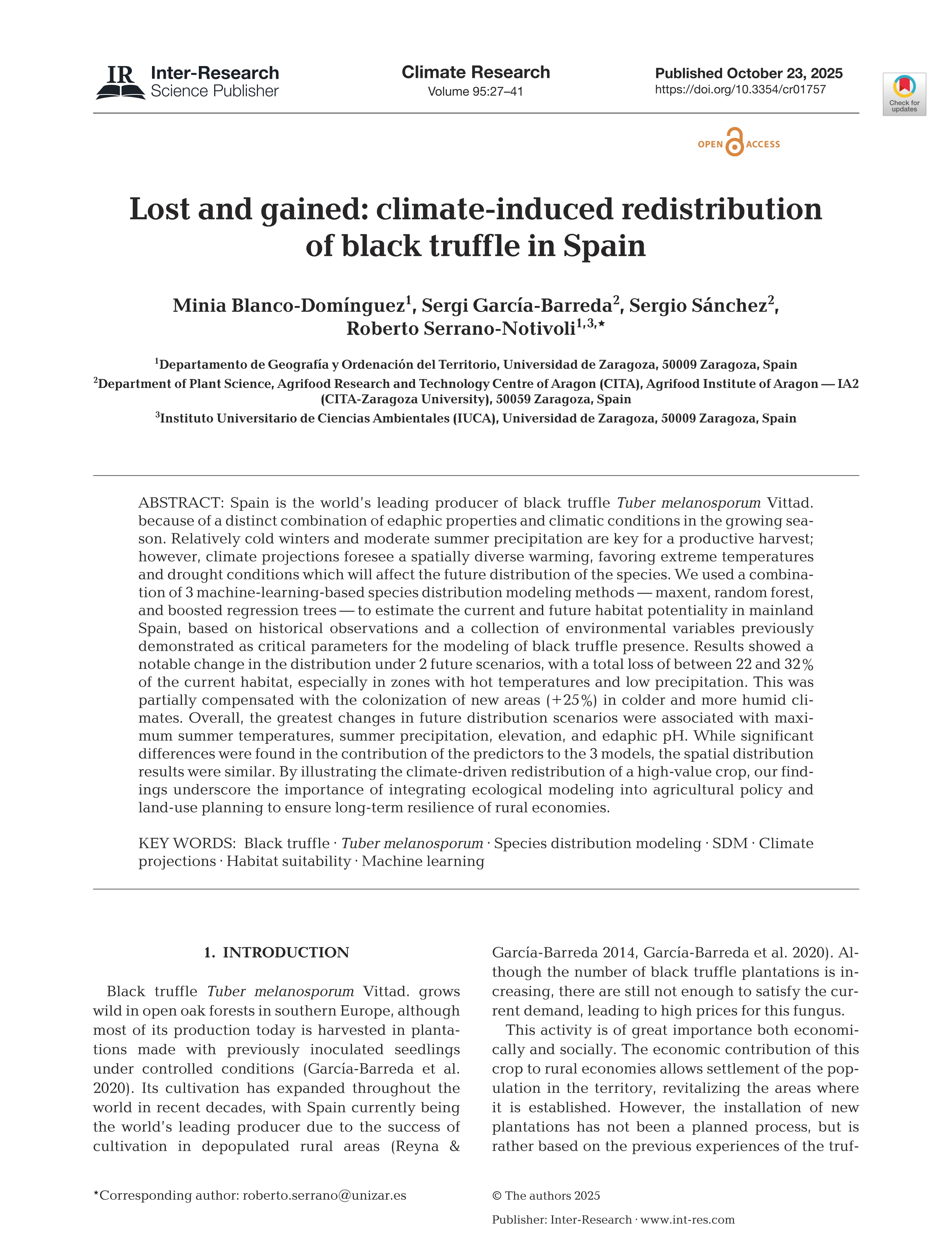 Lost and gained: climate-induced redistribution of black truffle in Spain