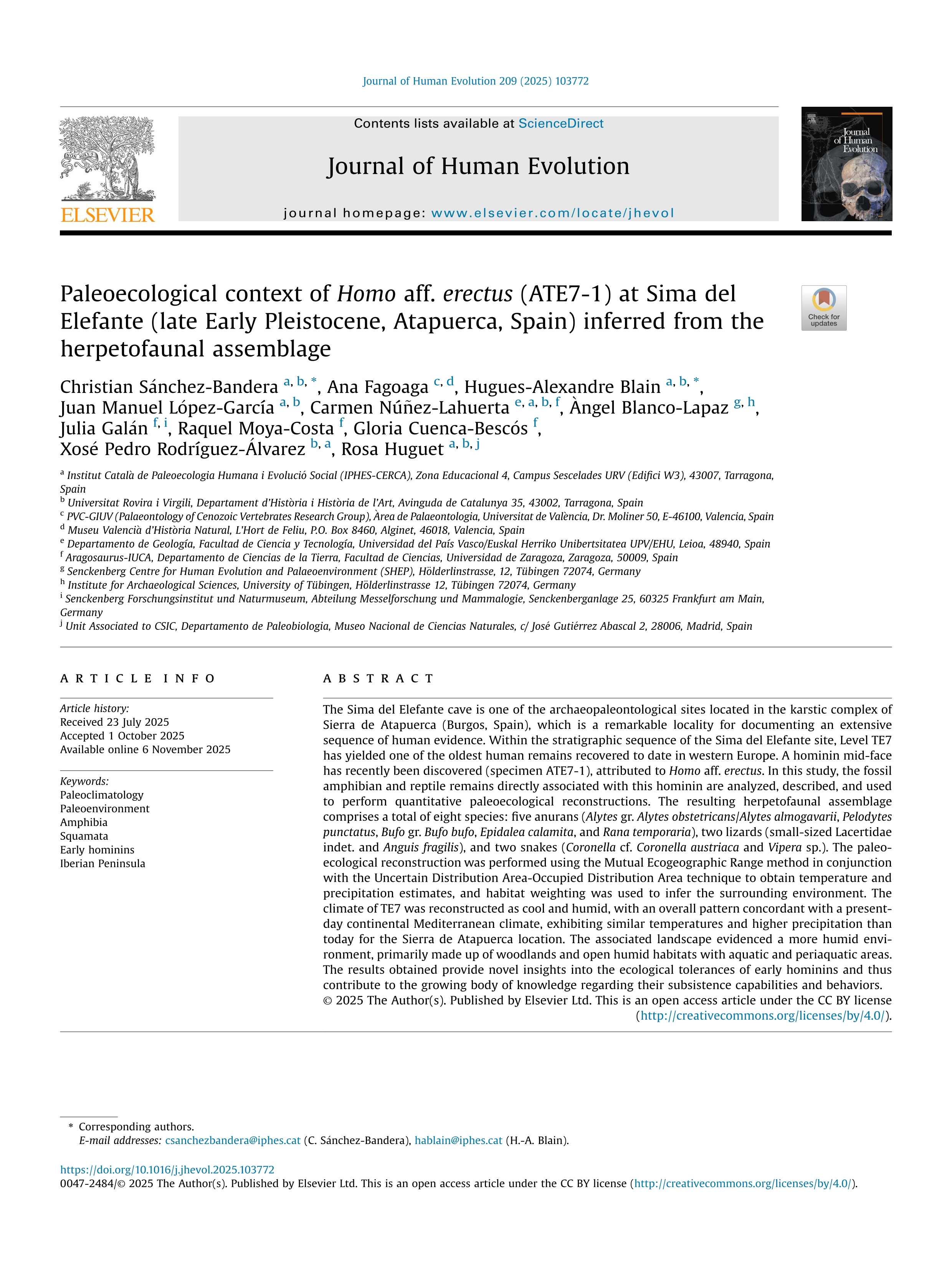 Paleoecological context of Homo aff. erectus (ATE7-1) at Sima del Elefante (late Early Pleistocene, Atapuerca, Spain) inferred from the herpetofaunal assemblage