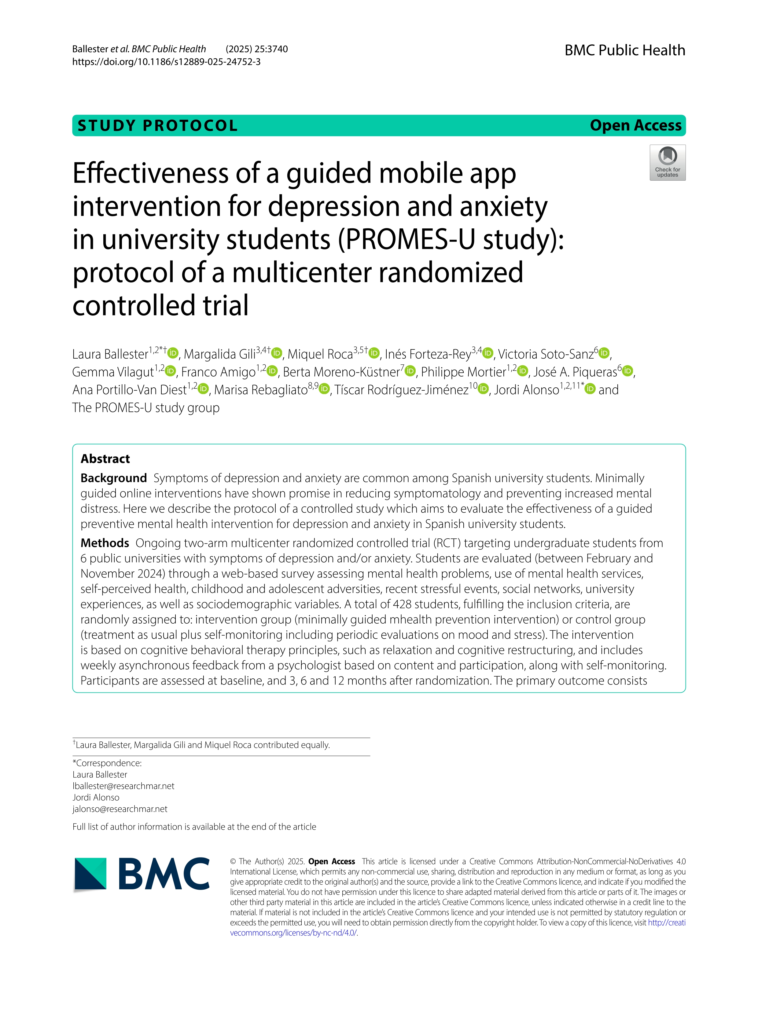 Effectiveness of a guided mobile app intervention for depression and anxiety in university students (PROMES-U study): protocol of a multicenter randomized controlled trial