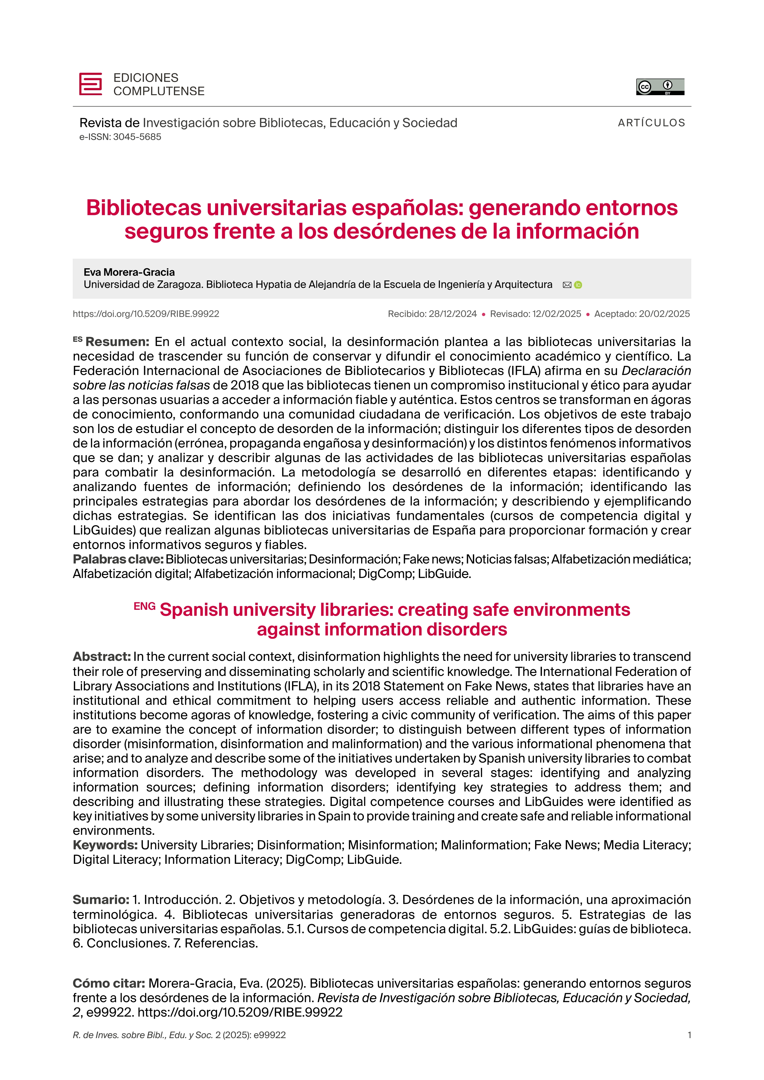 Bibliotecas universitarias españolas: generando entornos seguros frente a los desórdenes de la información
