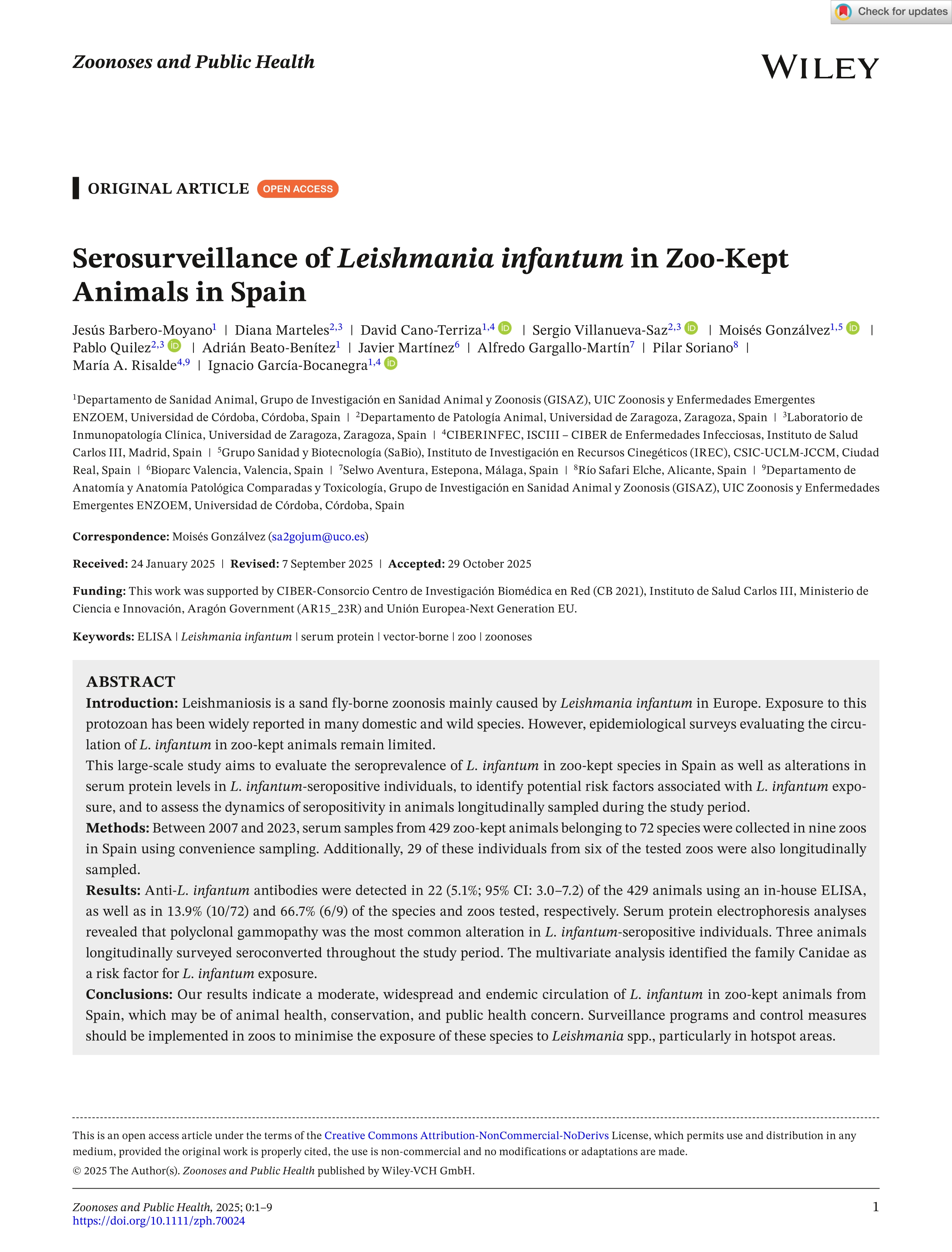 Serosurveillance of Leishmania infantum in Zoo‐Kept Animals in Spain