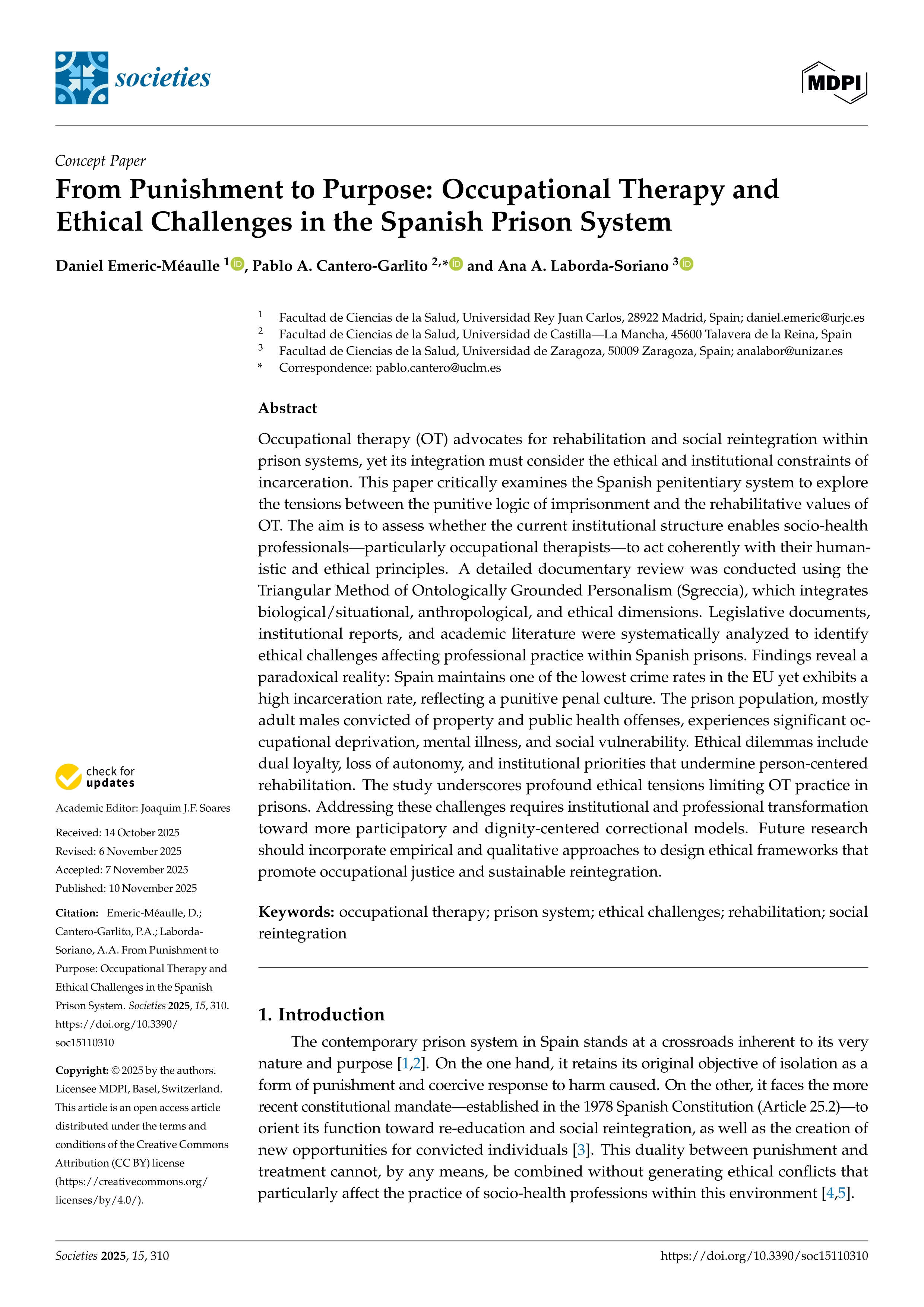 From Punishment to Purpose: Occupational Therapy and Ethical Challenges in the Spanish Prison System