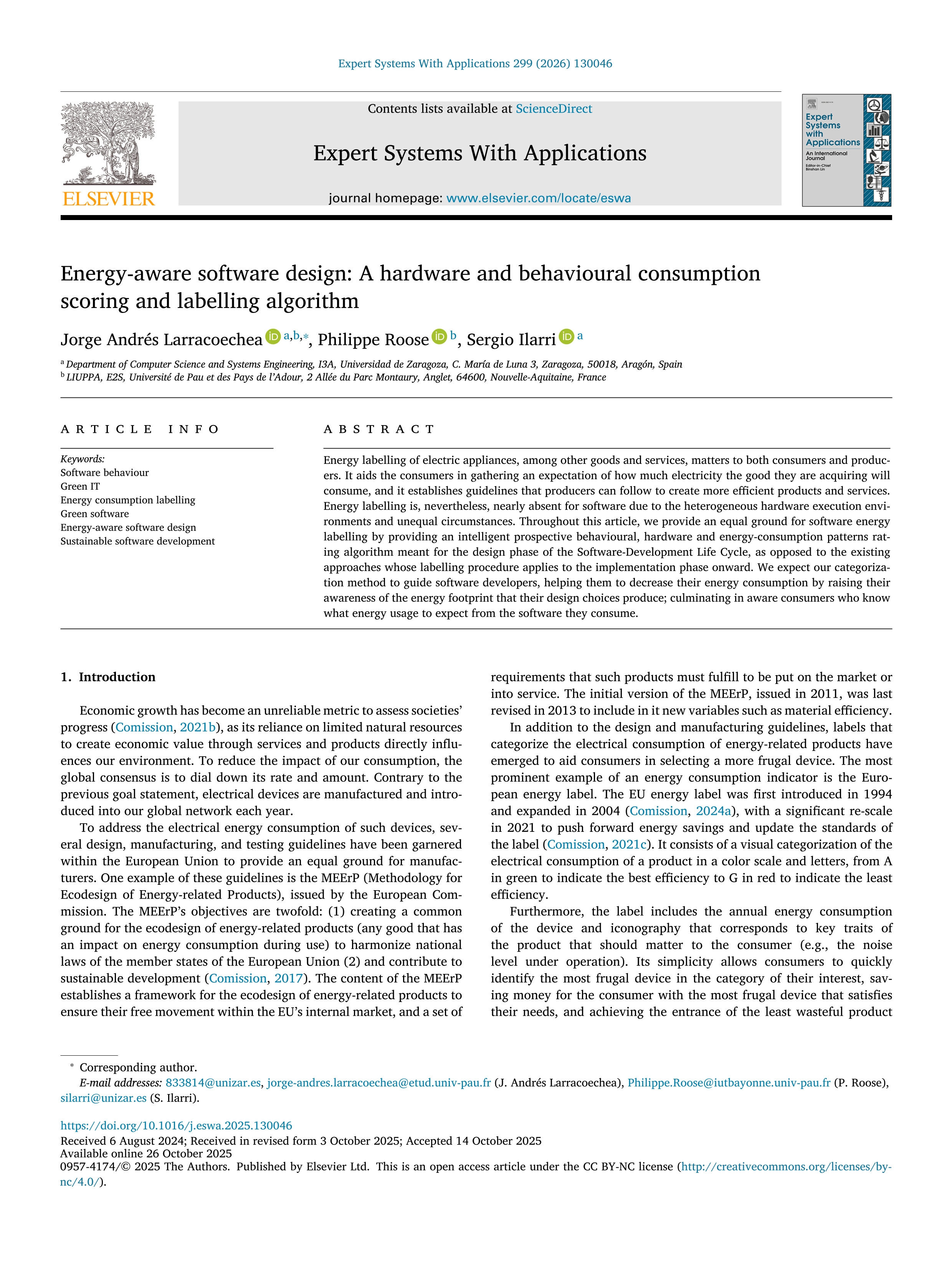 Energy-aware software design: A hardware and behavioural consumption scoring and labelling algorithm