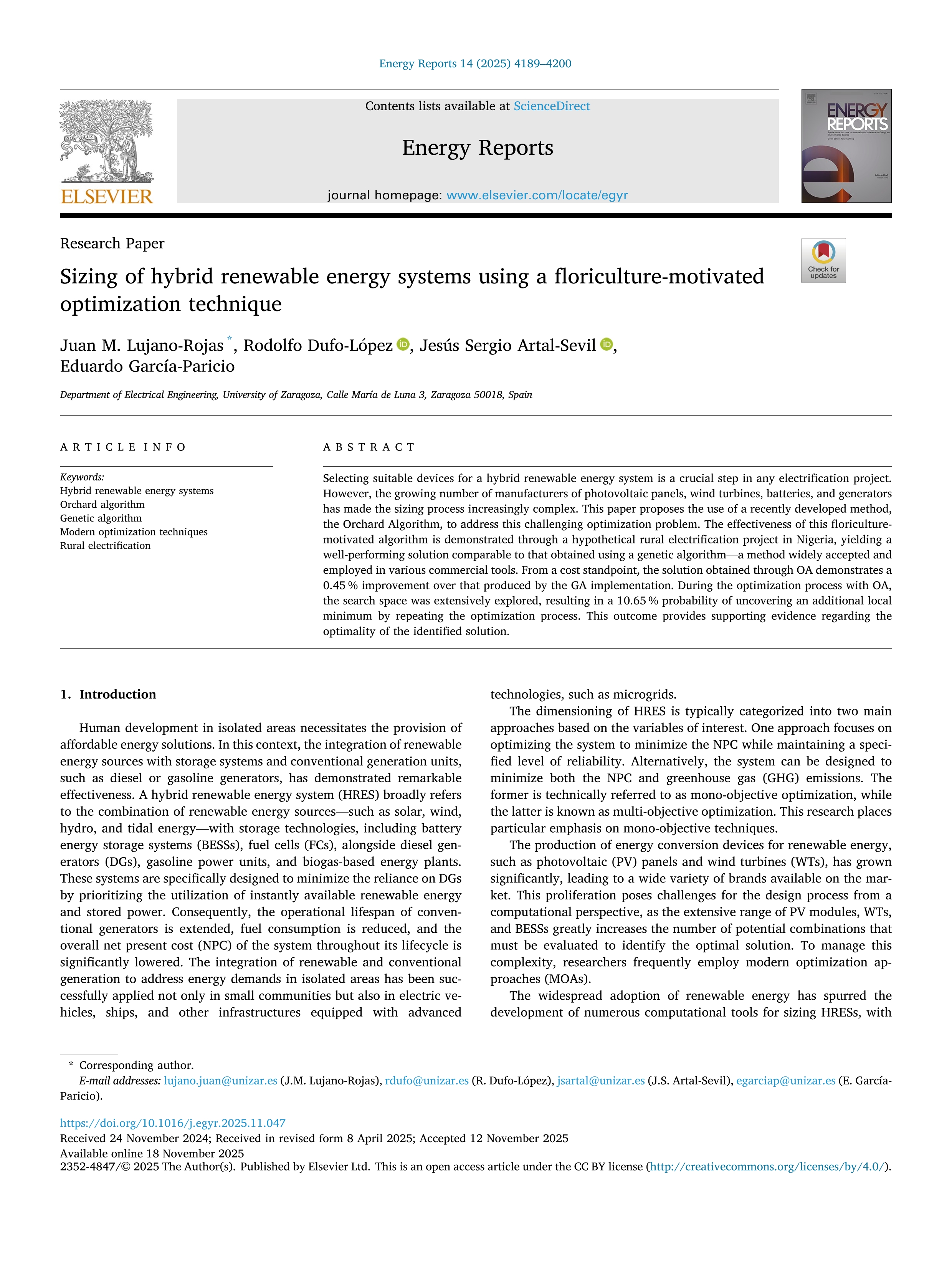 Sizing of hybrid renewable energy systems using a floriculture-motivated optimization technique