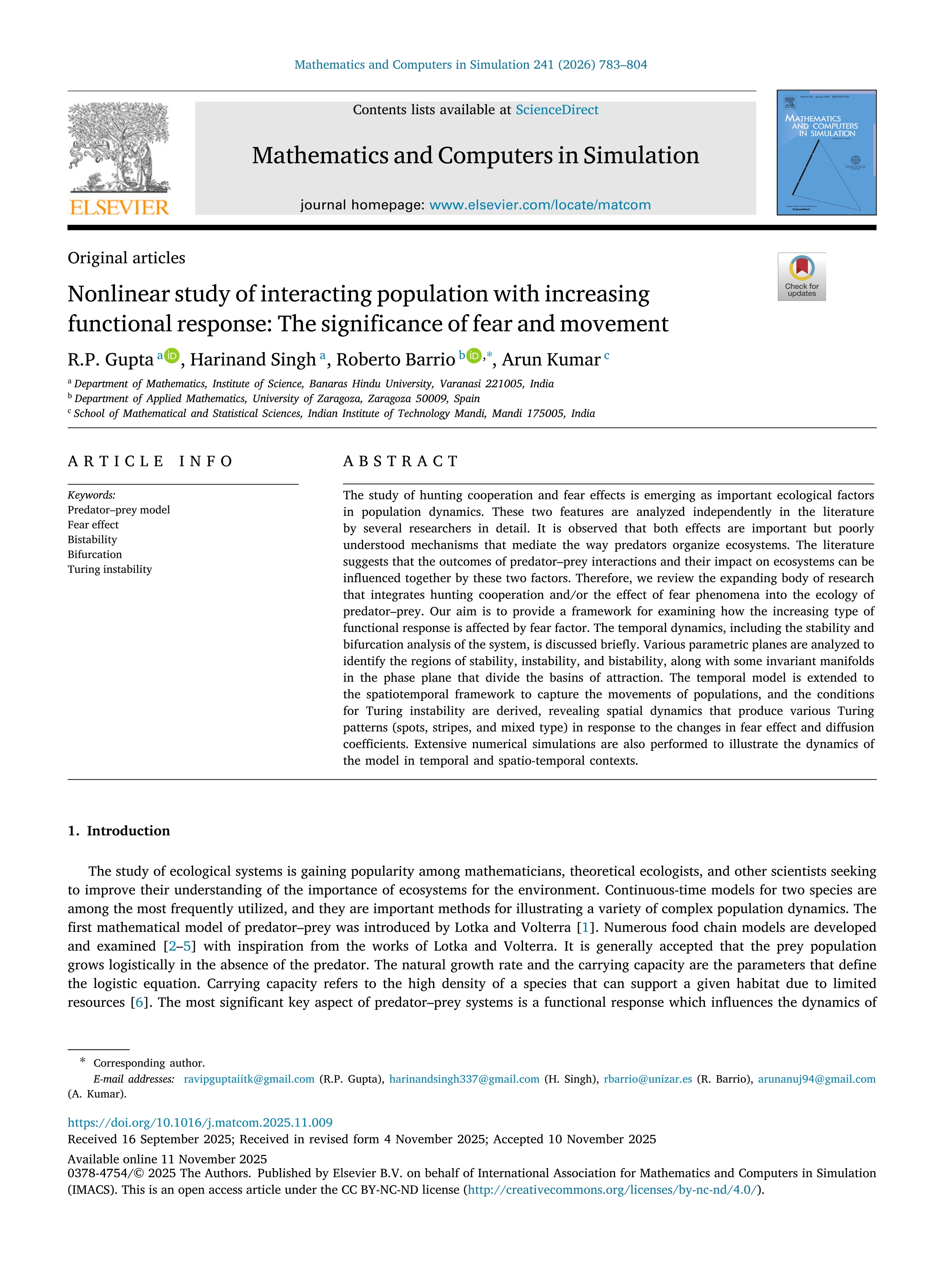 Nonlinear study of interacting population with increasing functional response: The significance of fear and movement