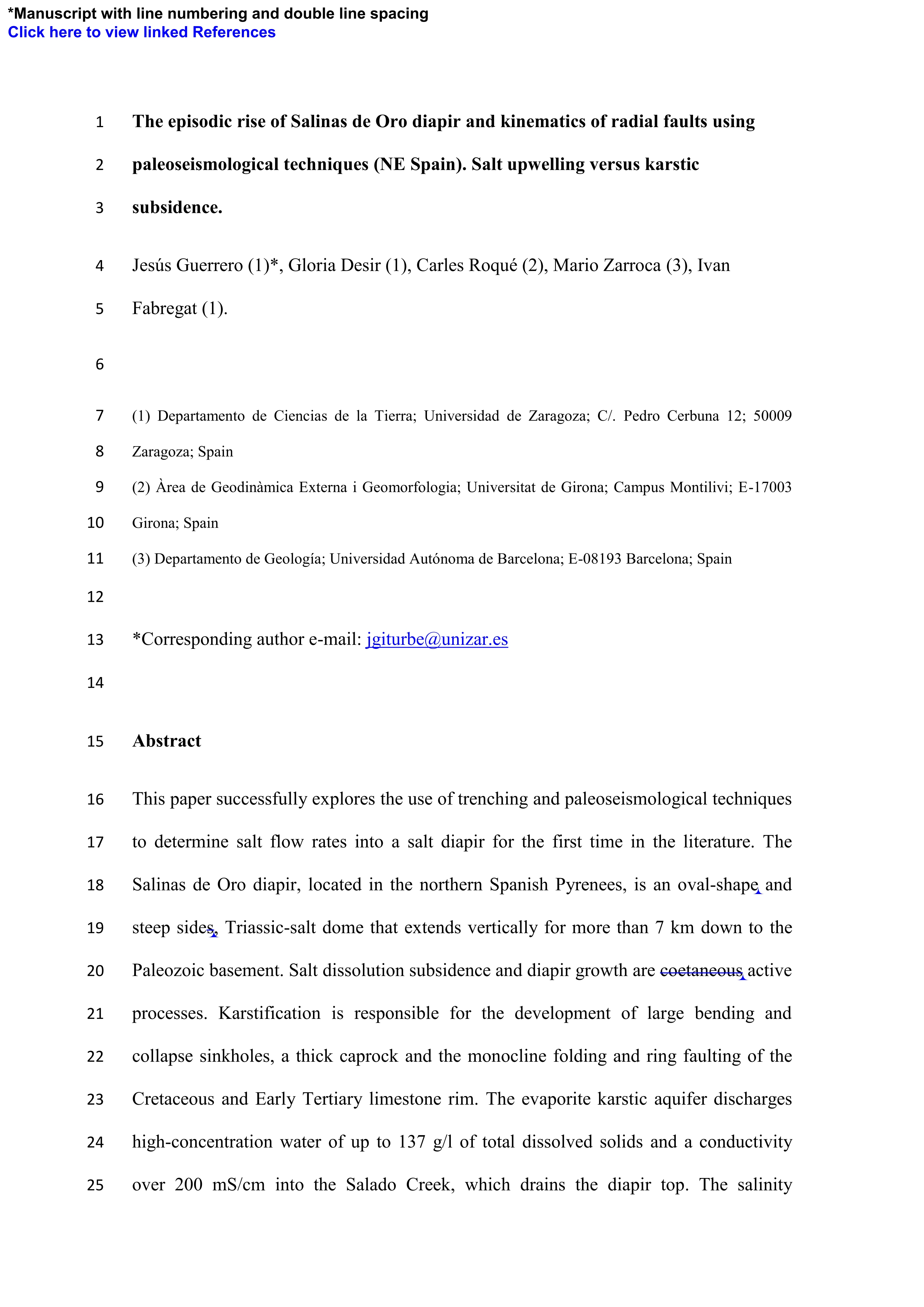 The episodic rise, net growing rate and kinematics of radial faults of the Salinas de Oro diapir using paleoseismological techniques (NE Spain). Salt upwelling versus karstic subsidence