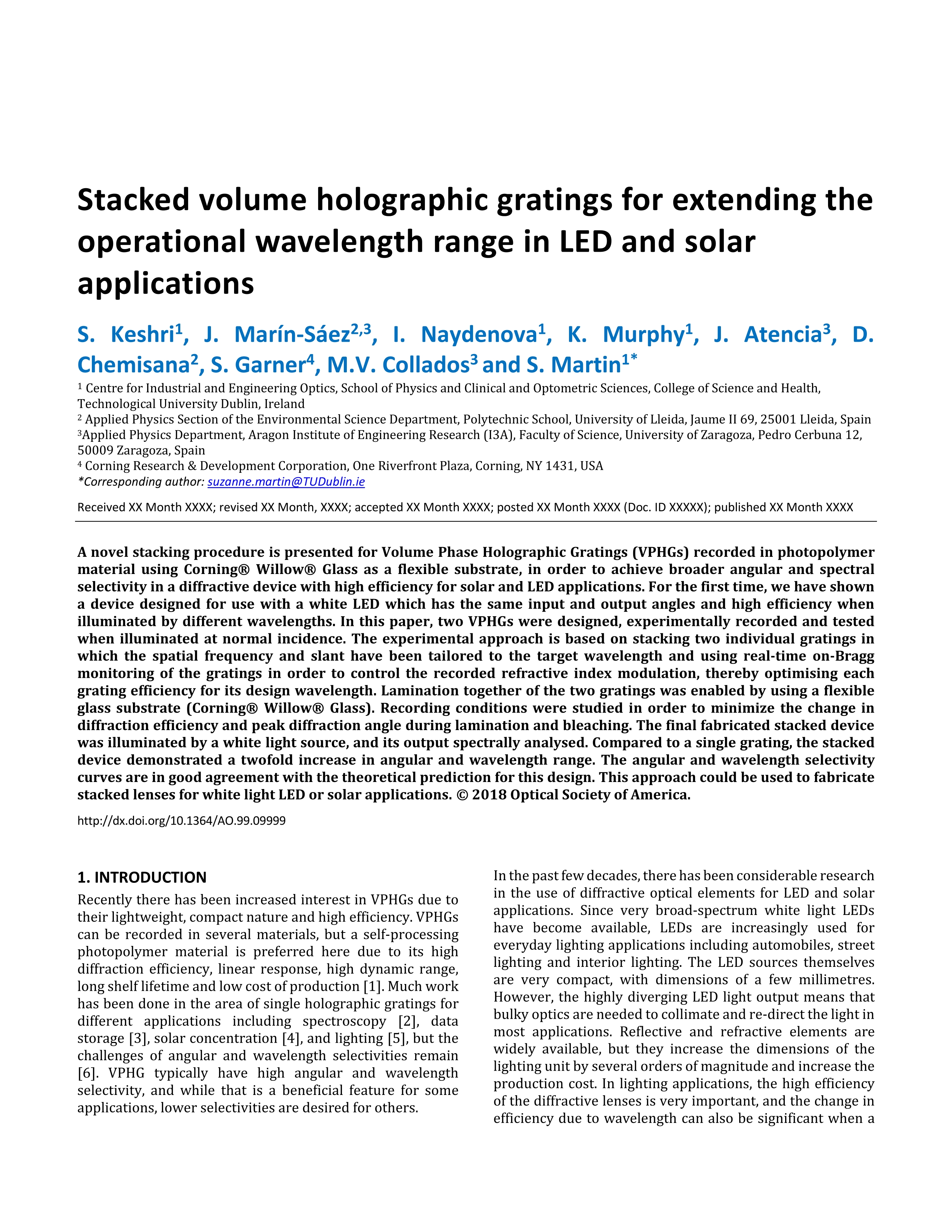 Stacked volume holographic gratings for extending the operational wavelength range in LED and solar applications
