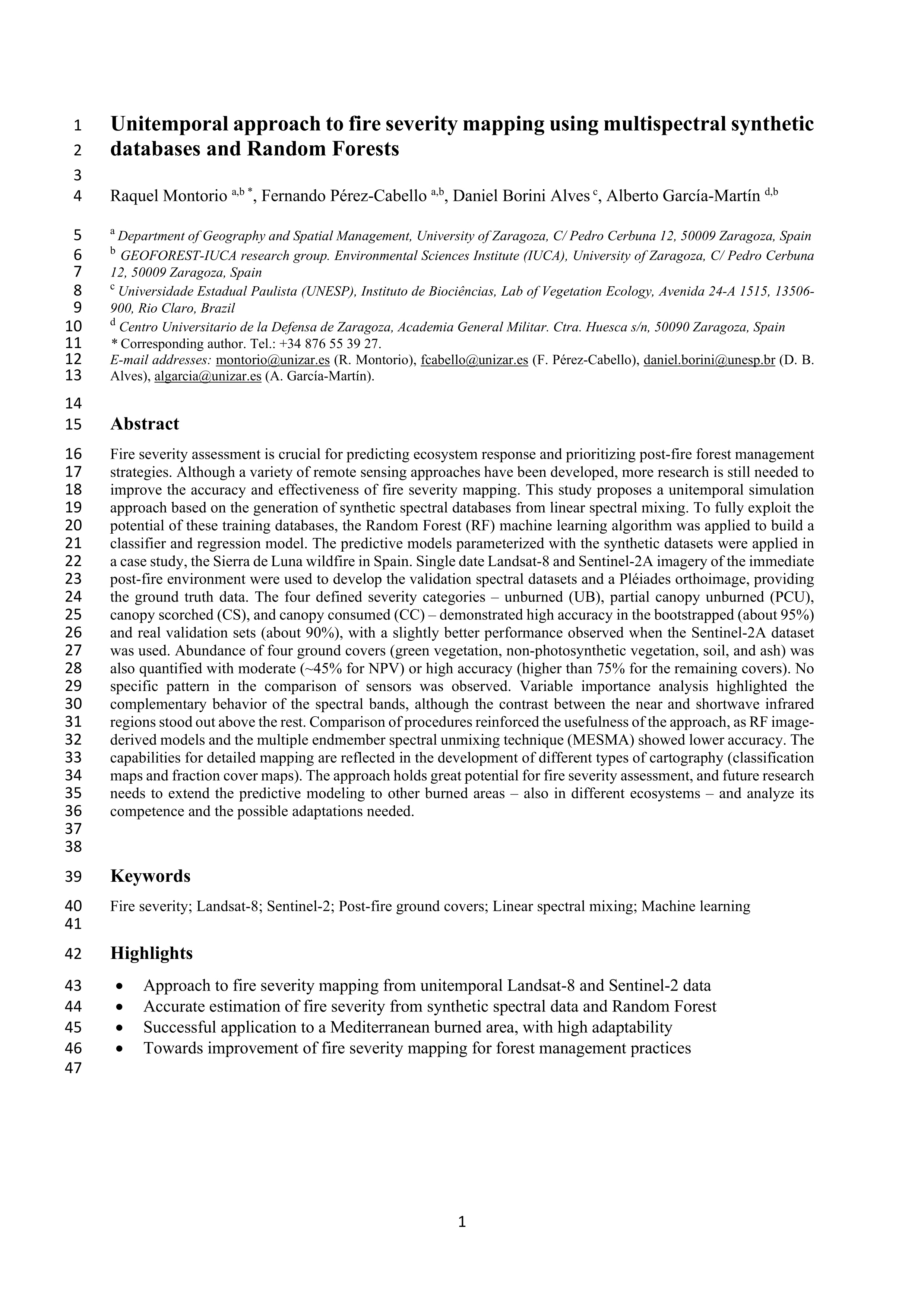 Unitemporal approach to fire severity mapping using multispectral synthetic databases and Random Forests