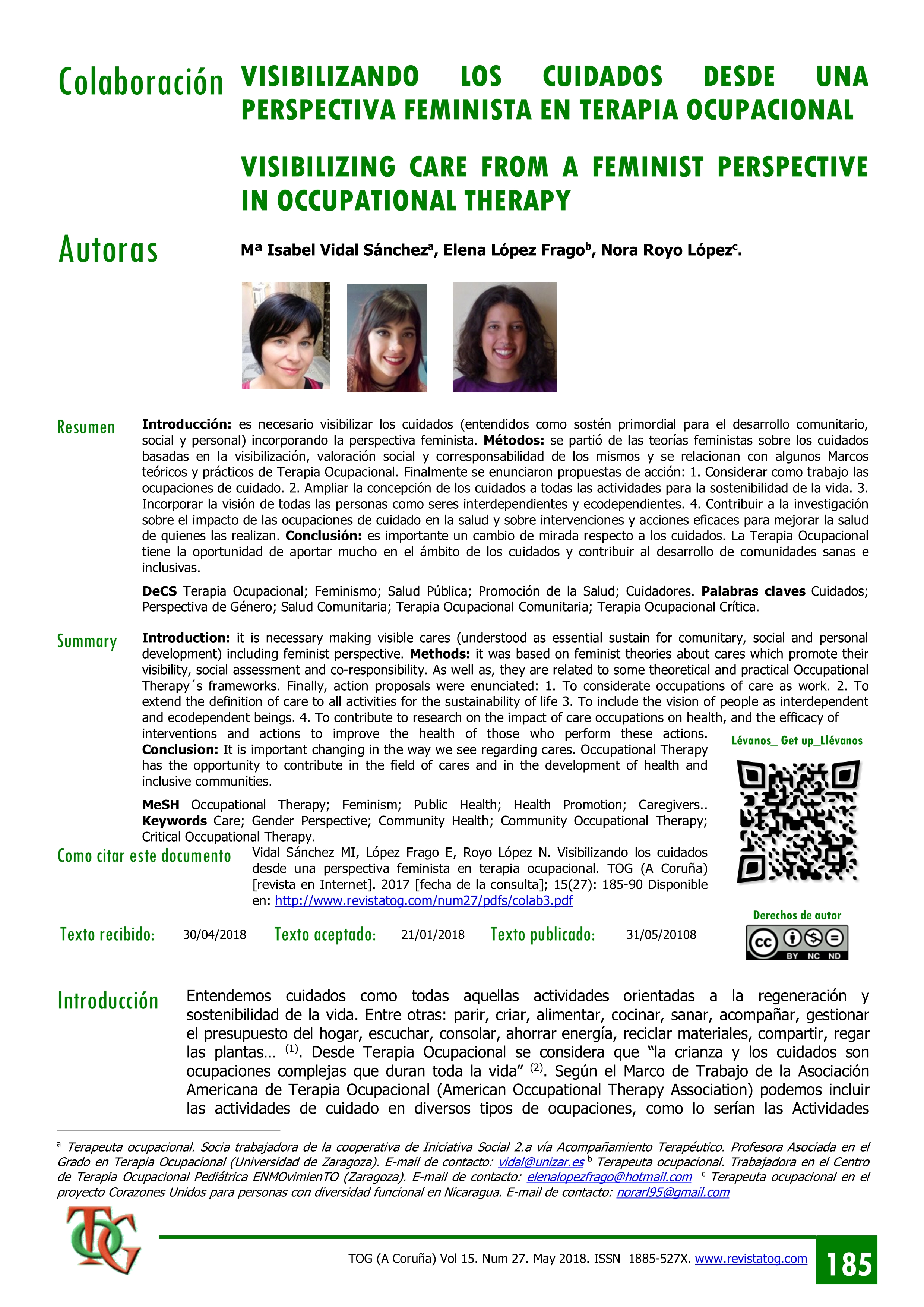 Visibilizando los cuidados desde una perspectiva feminista en terapia ocupacional