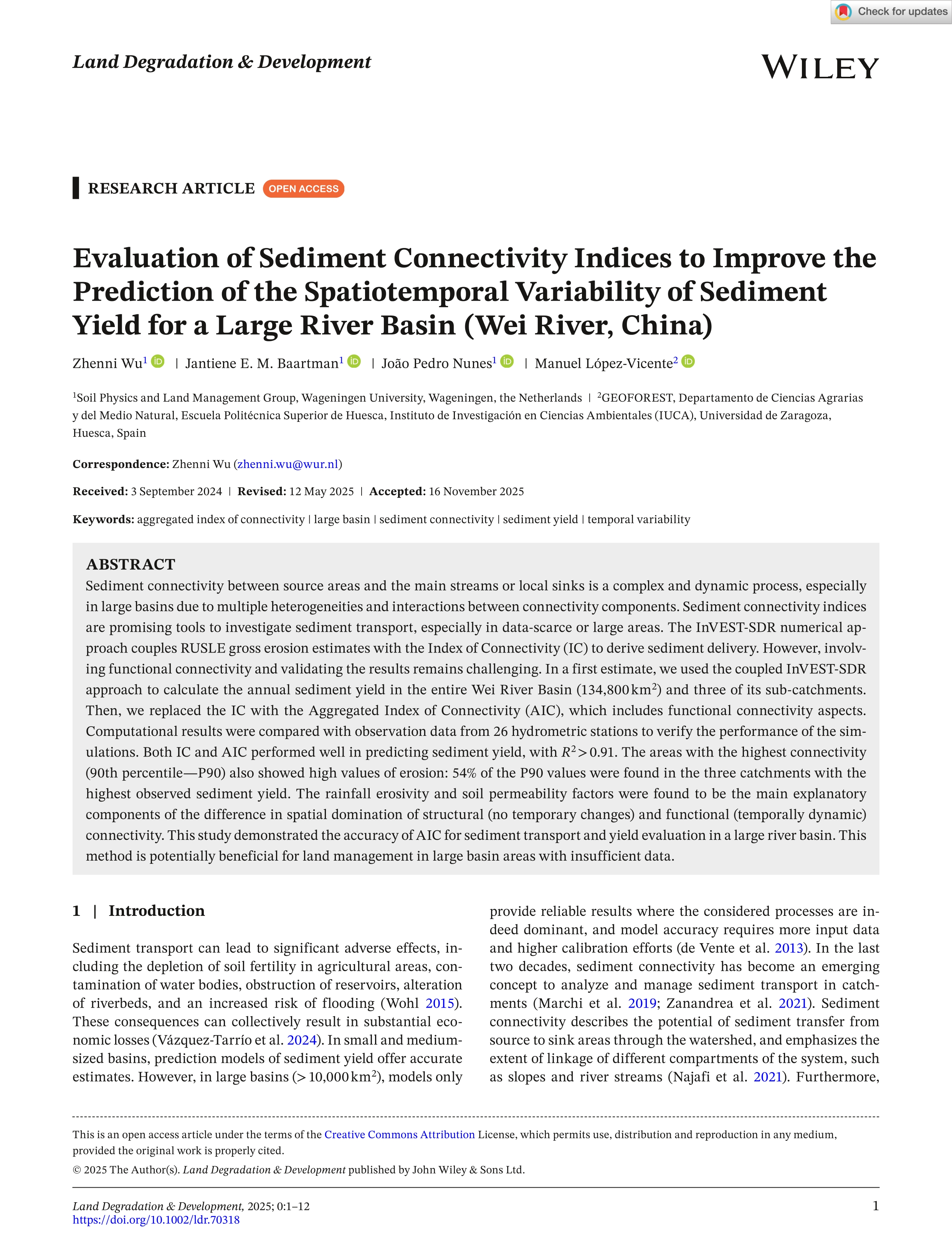 Evaluation of Sediment Connectivity Indices to Improve the Prediction of the Spatiotemporal Variability of Sediment Yield for a Large River Basin (Wei River, China)