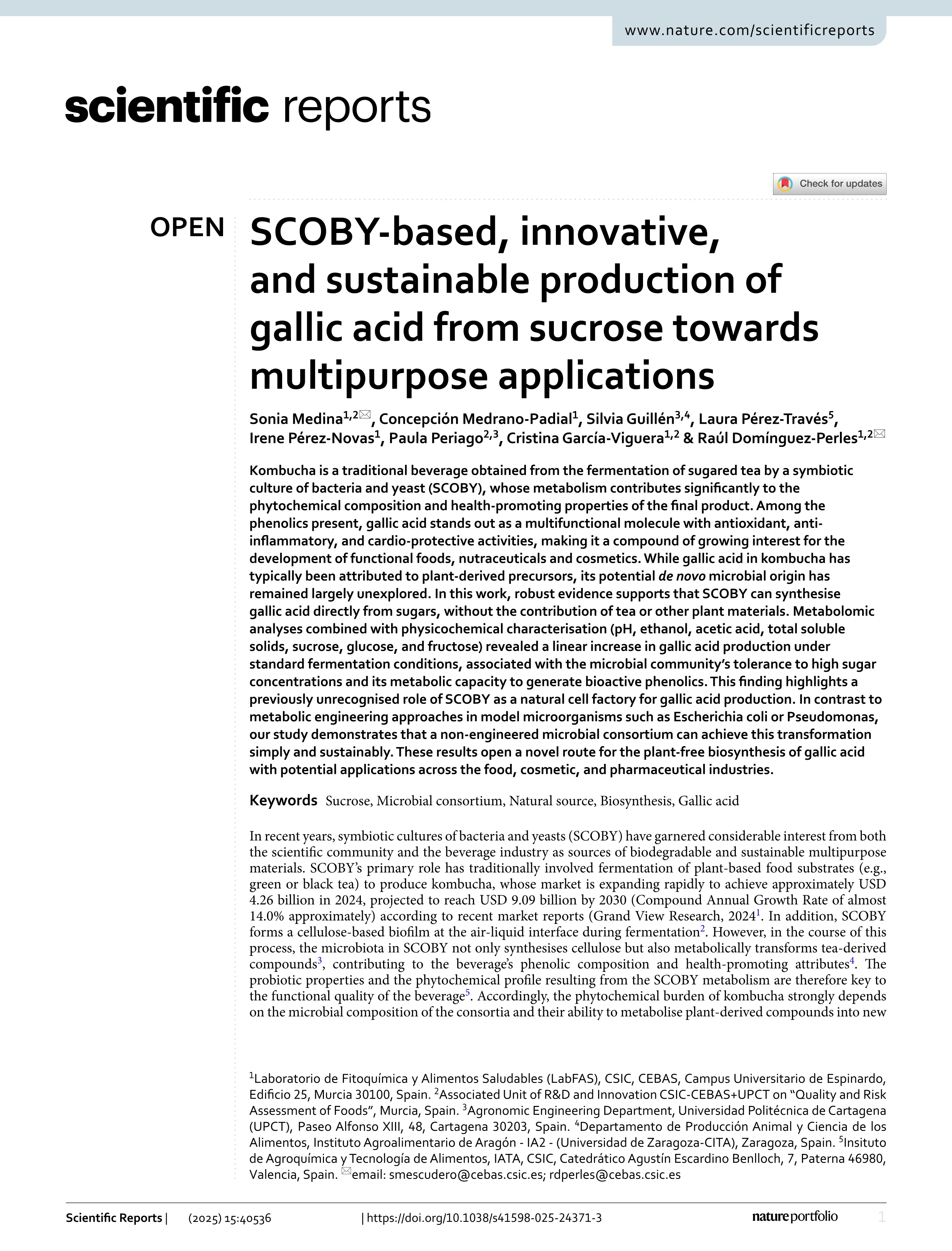 SCOBY-based, innovative, and sustainable production of gallic acid from sucrose towards multipurpose applications
