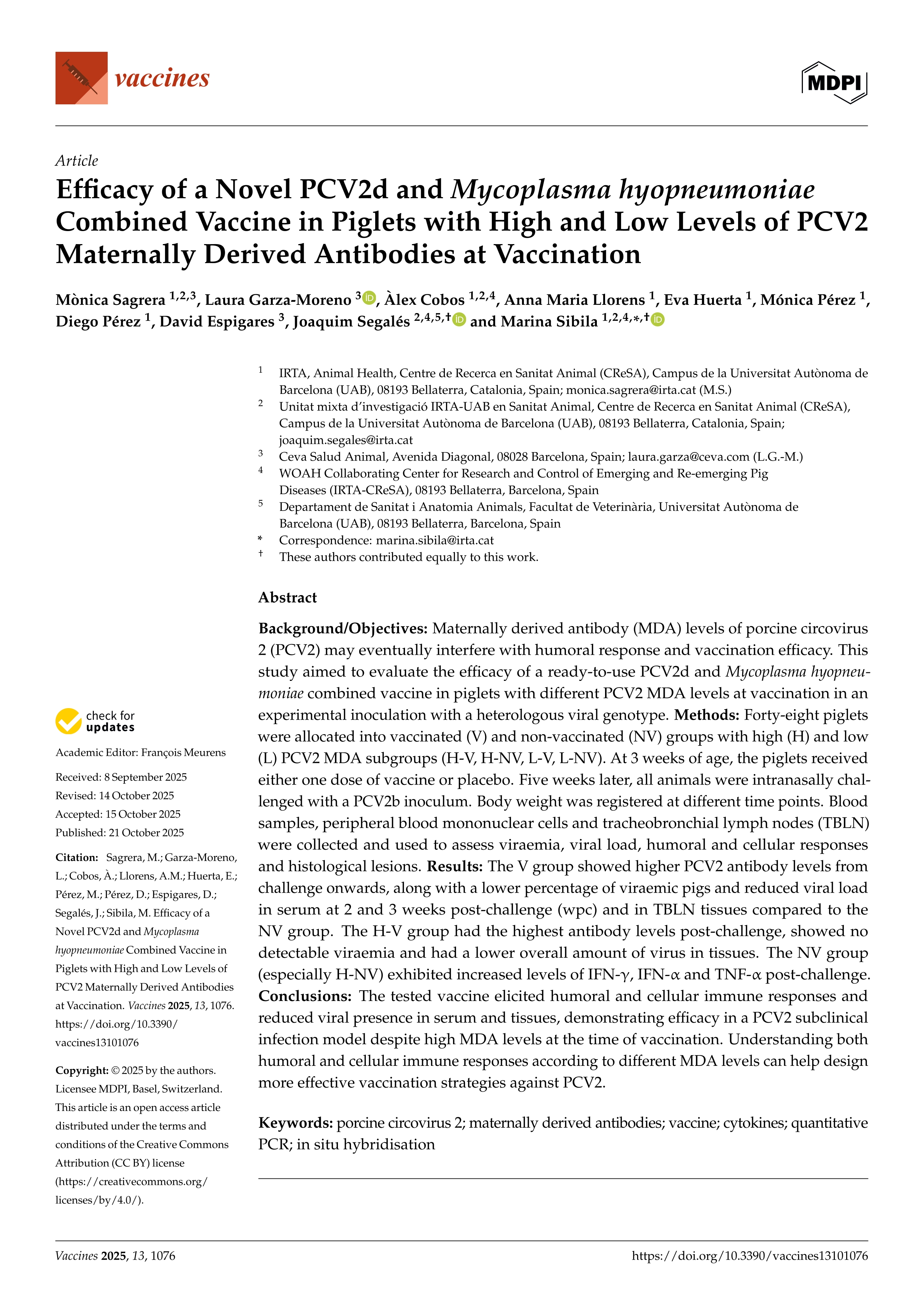 Efficacy of a Novel PCV2d and Mycoplasma hyopneumoniae Combined Vaccine in Piglets with High and Low Levels of PCV2 Maternally Derived Antibodies at Vaccination