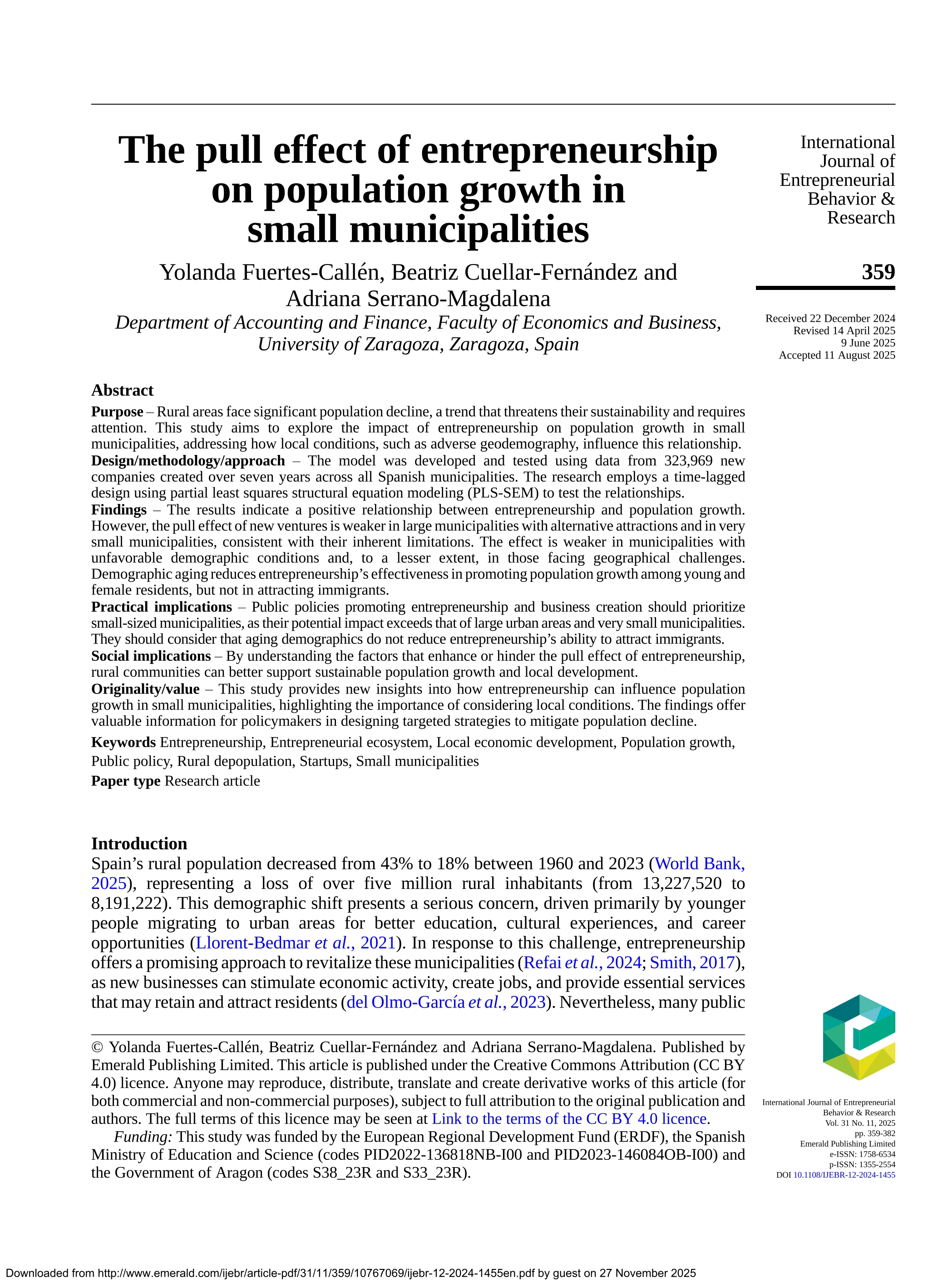 The pull effect of entrepreneurship on population growth in small municipalities